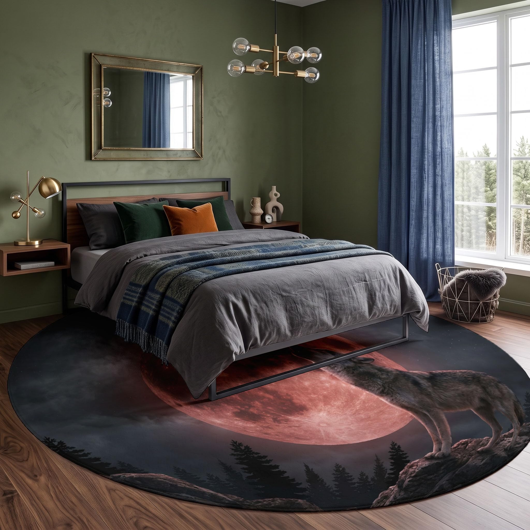 Tapis Rond Lavable Lune De Sang Loup Hurlant 160cm | Tapis Créature De Dark Fantasy Antidérapants Salon Lavable en Machine pour pour Salle à Manger, Entrée, Cuisine, Rouge Foncé