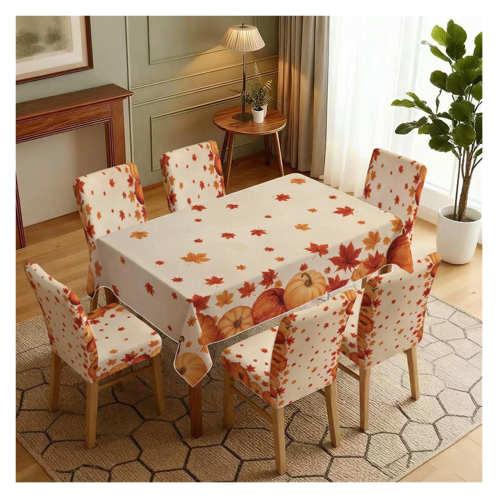 KXUAUV Beige Autumn Pumpkin Maple Leaf Print Stretch Dining Chair Covers Tablecloth Set, For Kitchen Dining Living Room Thanksgiving Decor, 5/7 Pack Party Decor(7pcs Set: Tablecloth+Chair Covers)