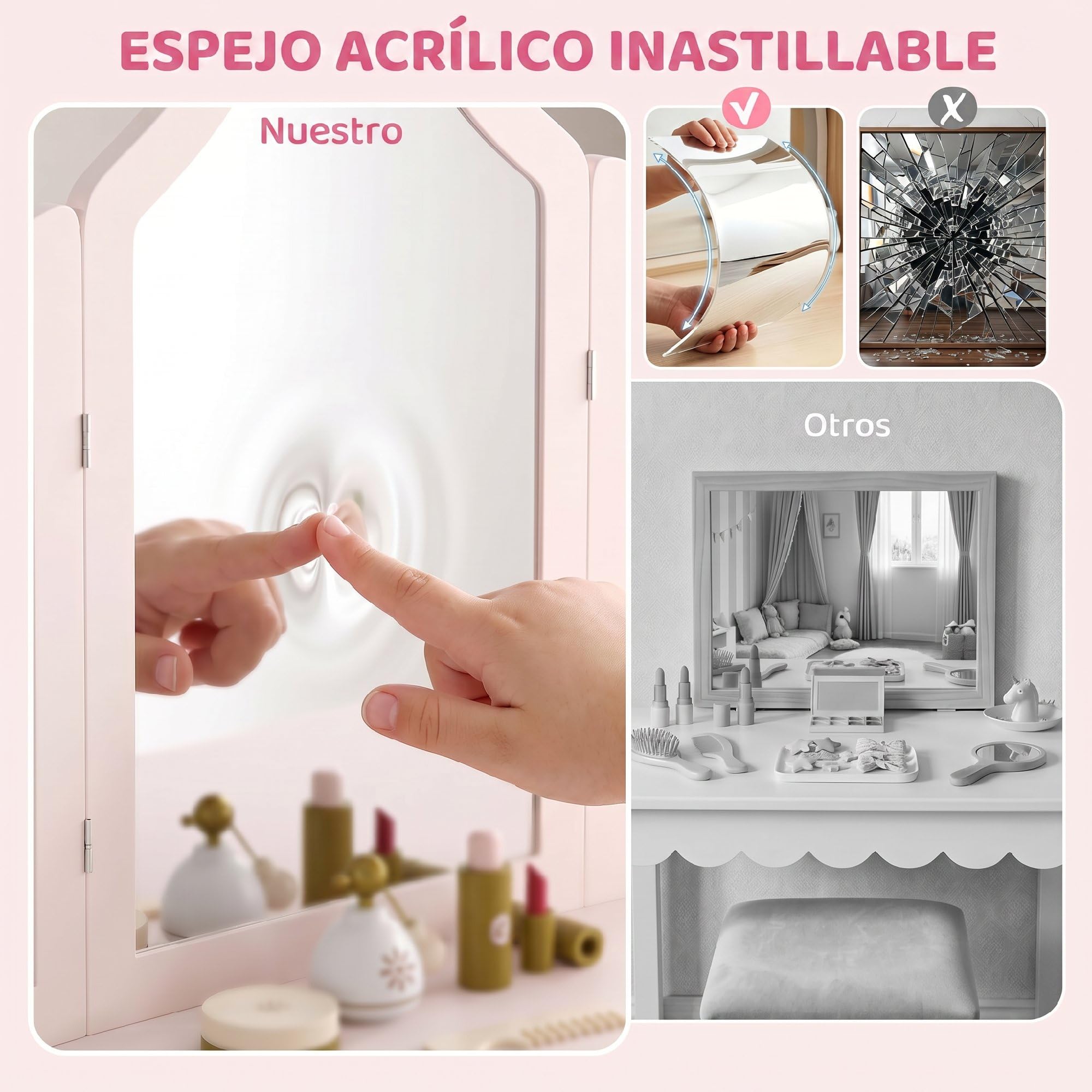 AIYAPLAY Tocador para Niñas 2 en 1 con Taburete a Partir de 3 Años Rosa