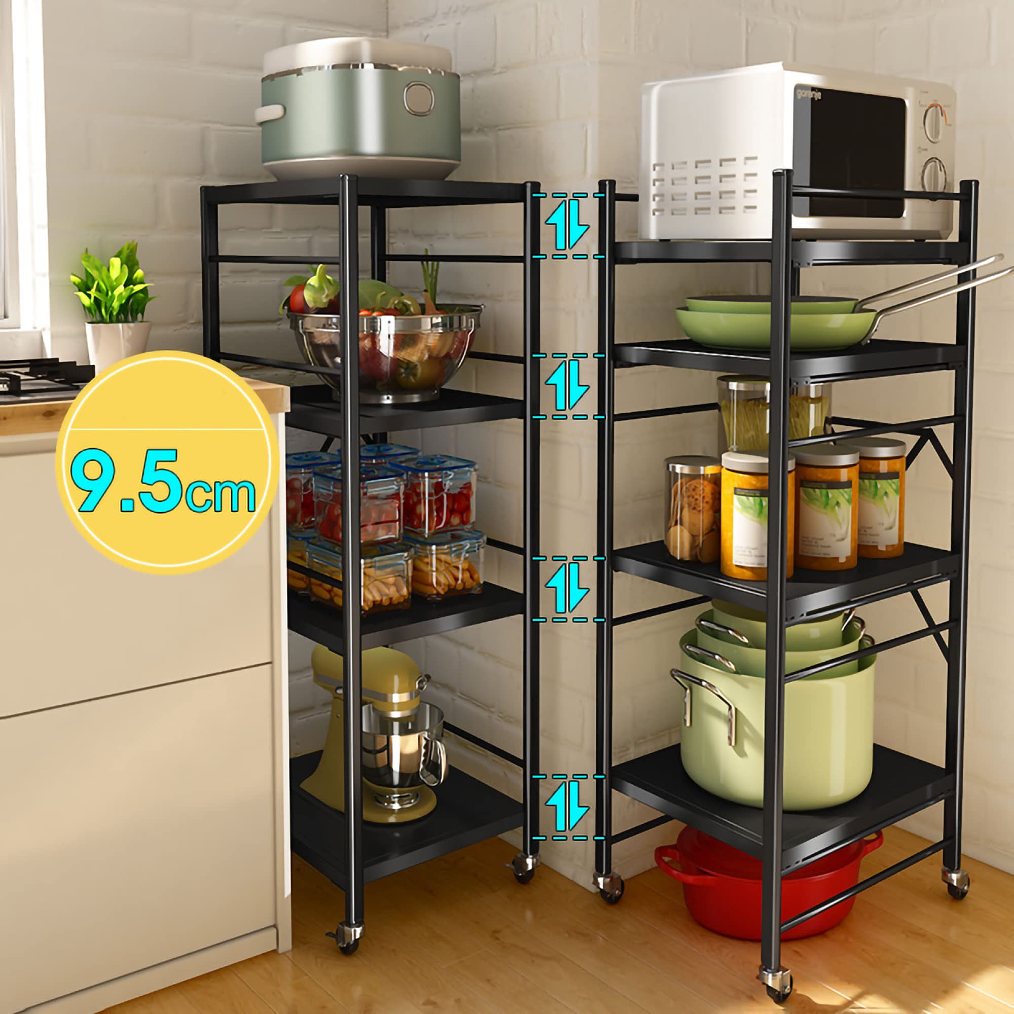 Scaffali pieghevoli Sto a 4 ripiani con ruote, espositore in metallo, unità versatile per soggiorno e ufficio, nero, 117 x 45 x 40 cm