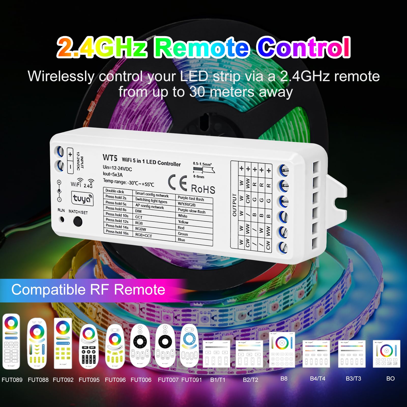 WT5 Zestaw 2 bezprzewodowych kontrolerów WiFi LED - RGBW, 2,4 GHz, kompatybilny z Tuya, Echo, Smart Life, pilot RF do oświetlenia wewnętrznego premium (bez zasilania