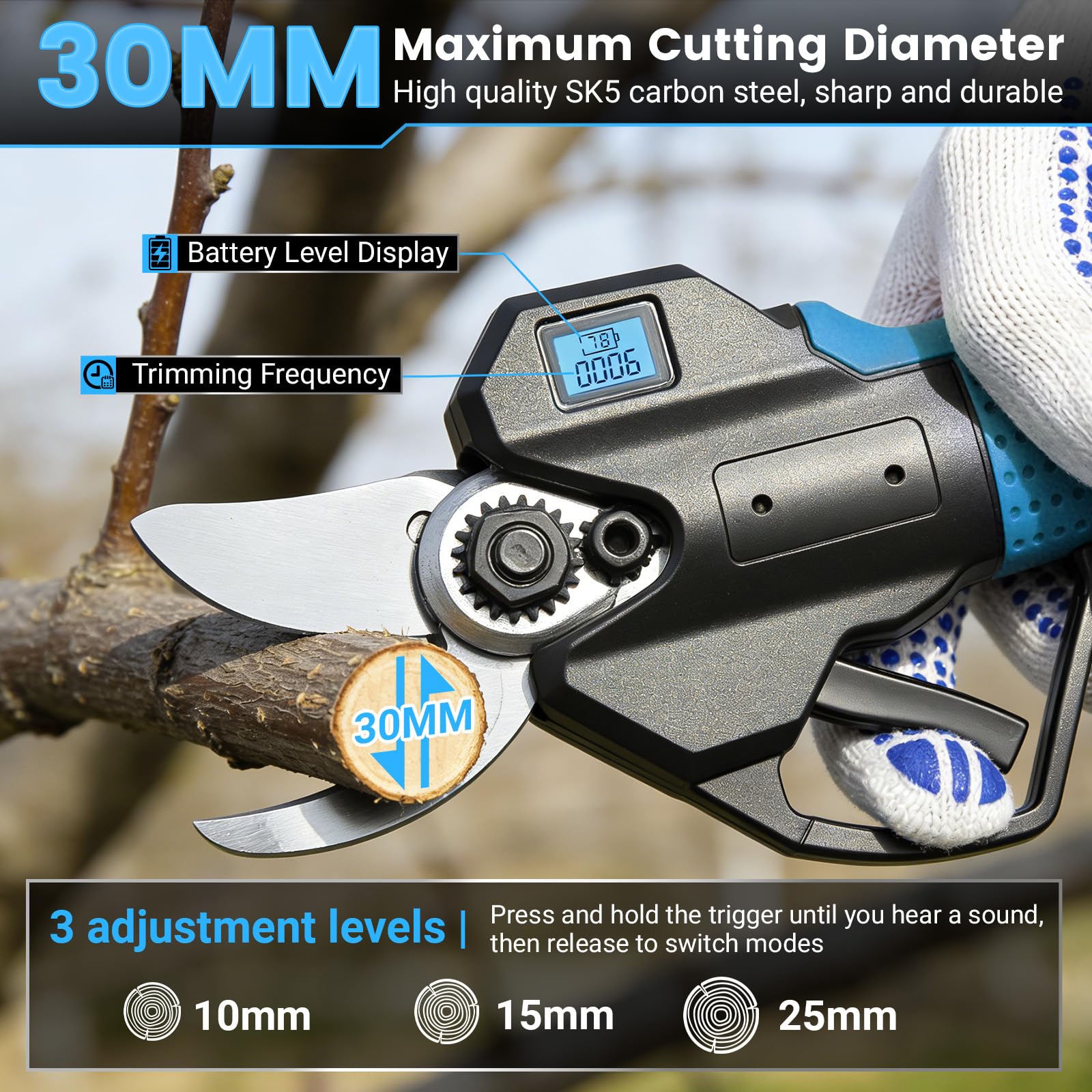 Tijeras de podar y podar con batería de 21 V, 2 en 1 con 2 x 2600 mAh, 18000 rpm, grosor de corte de 8 mm, tijeras eléctricas ligeras para setos y bordes de césped (azul)