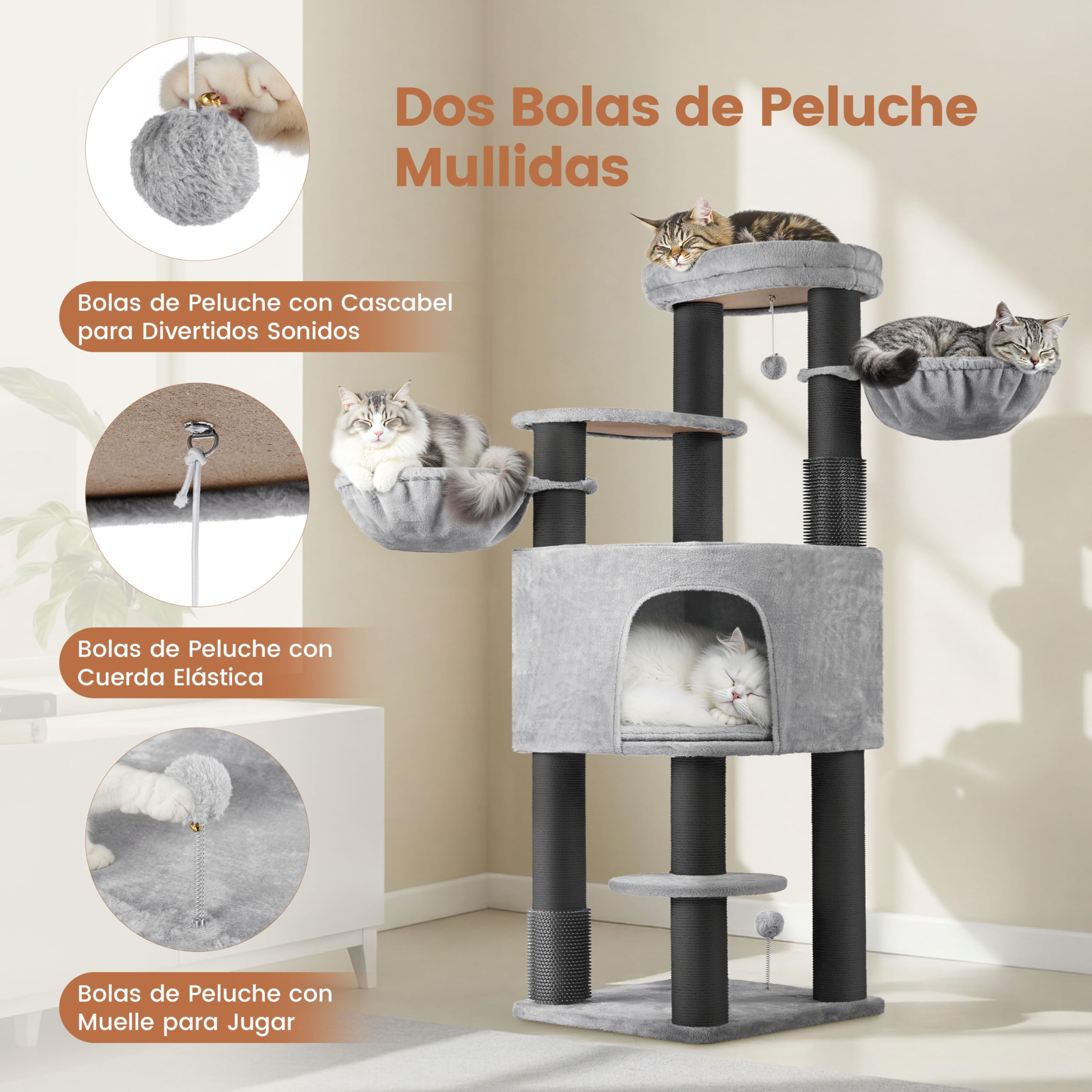 Árbol para Gatos Multinivel Torre Rascadora para Gatos con Postes Rascadores Gruesos 2 Cepillos Rodillos Percas Condominio Cestas Bola Colgante para Gatos Grandes Gris Claro/Negro