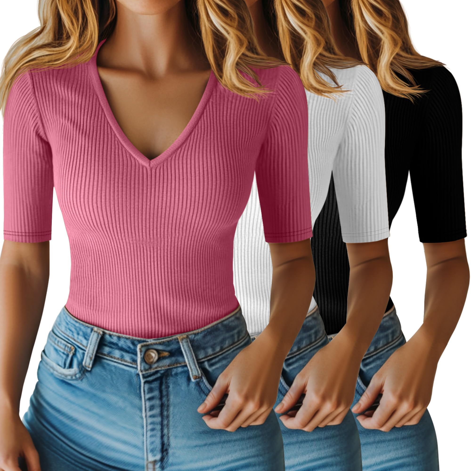 Riyiper 3 Pack Women's Slim Fit V Neck Ribbed Cotton T-Shirt Women Elbow Length Summer Tee Casual Blouses 