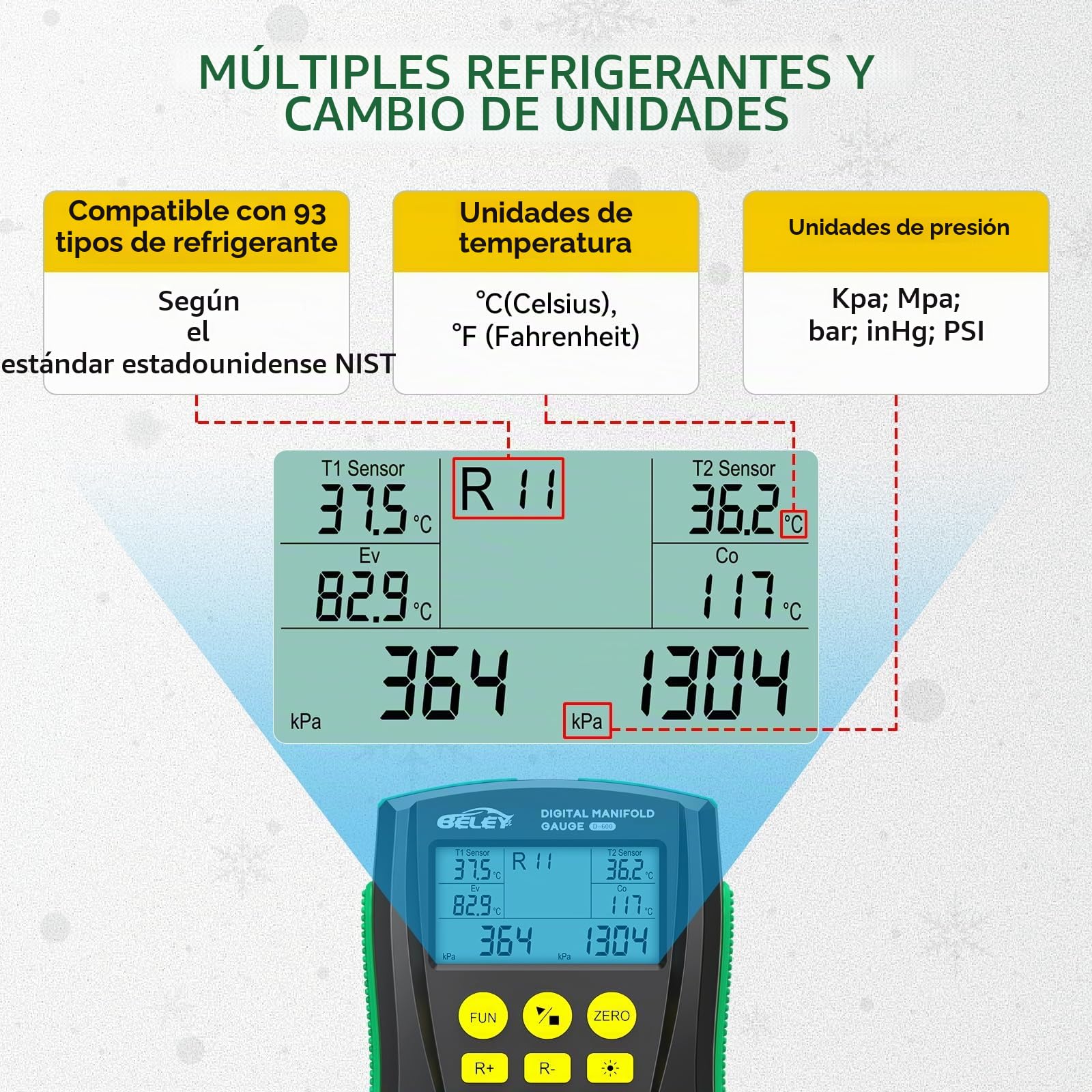 Manómetro Digital para Aire Acondicionado Kit HVAC con Base Datos 93 Refrigerantes, 150cm Mangueras de Refrigerante y Clips de Temperatura para Mantenimiento de Aires Acondicionados y Frigoríficos