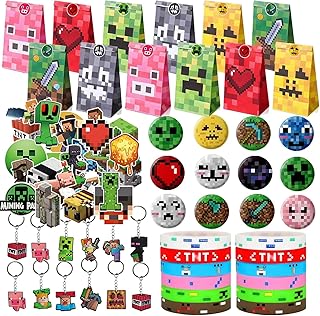 Yisound123 98 piece party bag filler set Miner Gaming Party Bag Fillers, Gamer Party Favours Gaming Keychain Party Bags Button Pins Stickers Miner Party Supplies Goodie Bag Fillers for Kids Boys