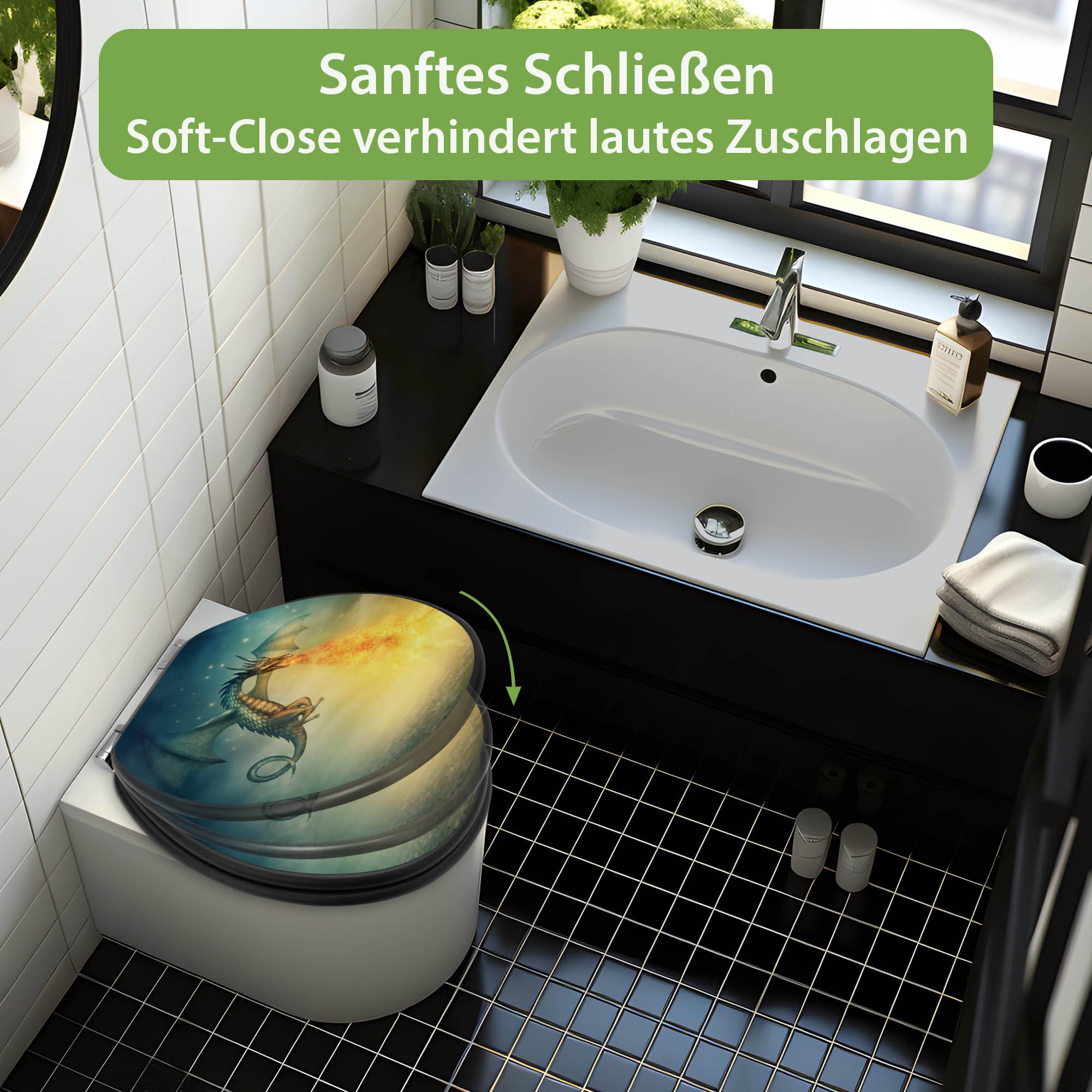 banjado WC Sitz für Kinder - Absenkautomatik leise - 38 x 46,5cm O-Form - MDF Holz Toilettendeckel anthrazit - Klositz grau pflegeleicht für Badkomfort - Motiv Drachen