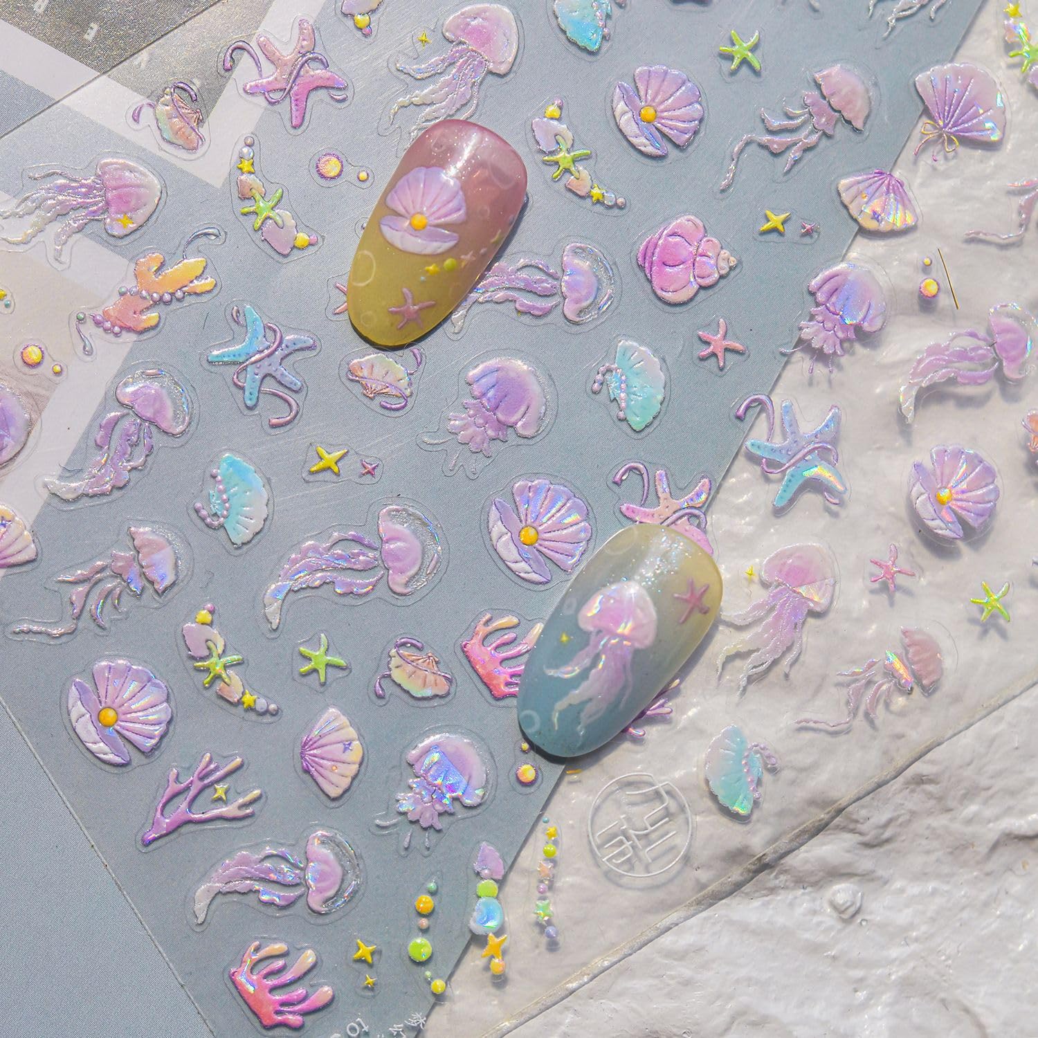 Shells Nail Stickers Jellyfish Nail Art Stickers 5D Self Adhesive Nail Decals Starfish Nail Art Decals Holographic Nails Design for Women Girls