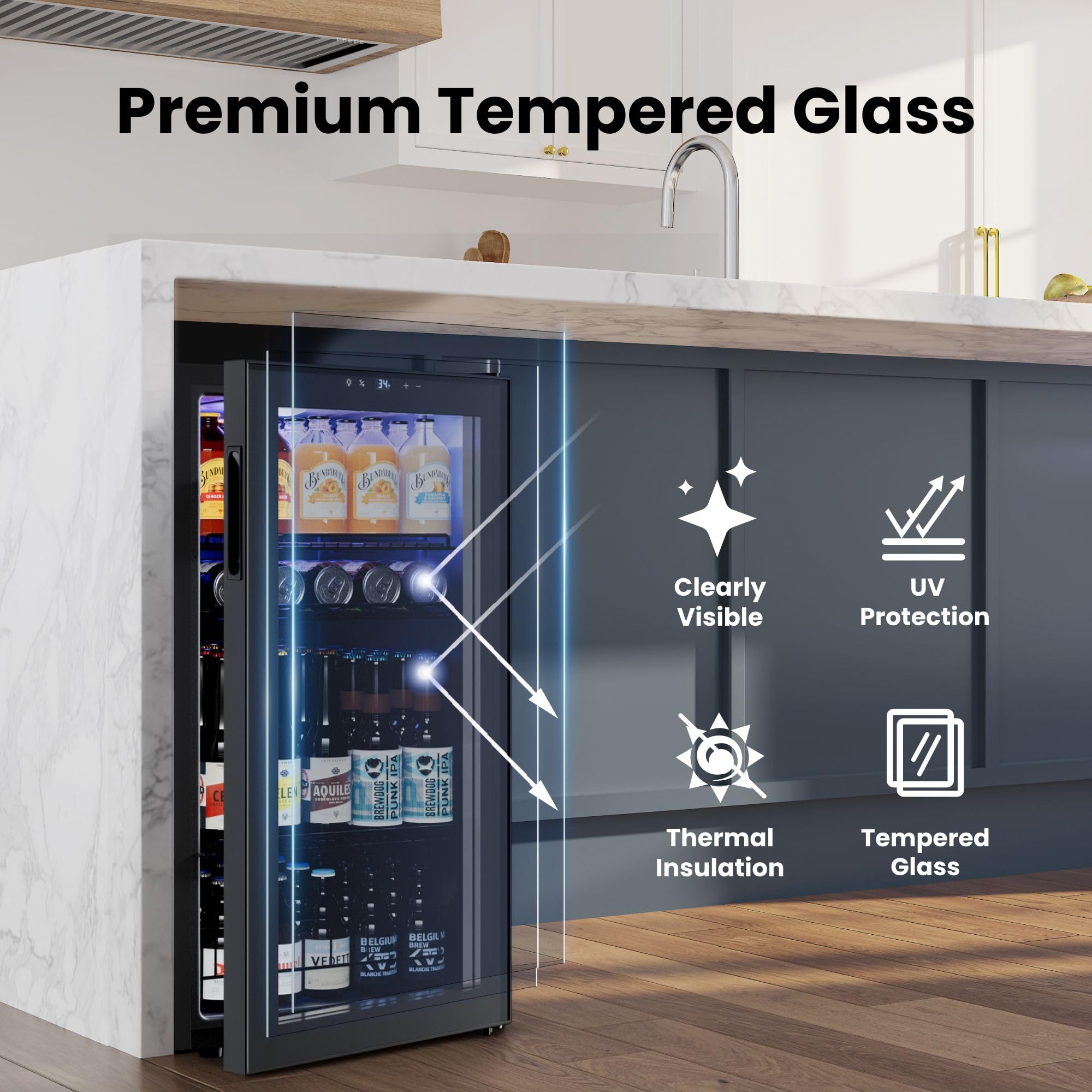 YEEGO Beverage Refrigerator, 105 Can Mini Fridge With Glass Door, Adjustable Shelves, Digital Temperature Control 34°F-54°F, Drink Cooler For Soda, Beer And Wine, Freestanding Or Under Counter, Black on Fridge.com - View 5
