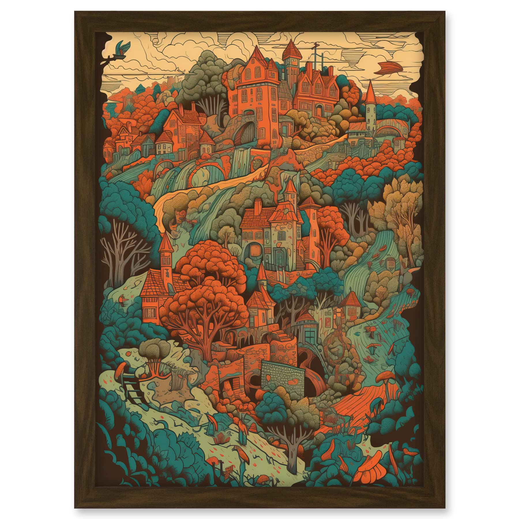 Artery8 Village in Forest Coral and Teal Blue Illustration Artwork Framed A3 Wall Art Print