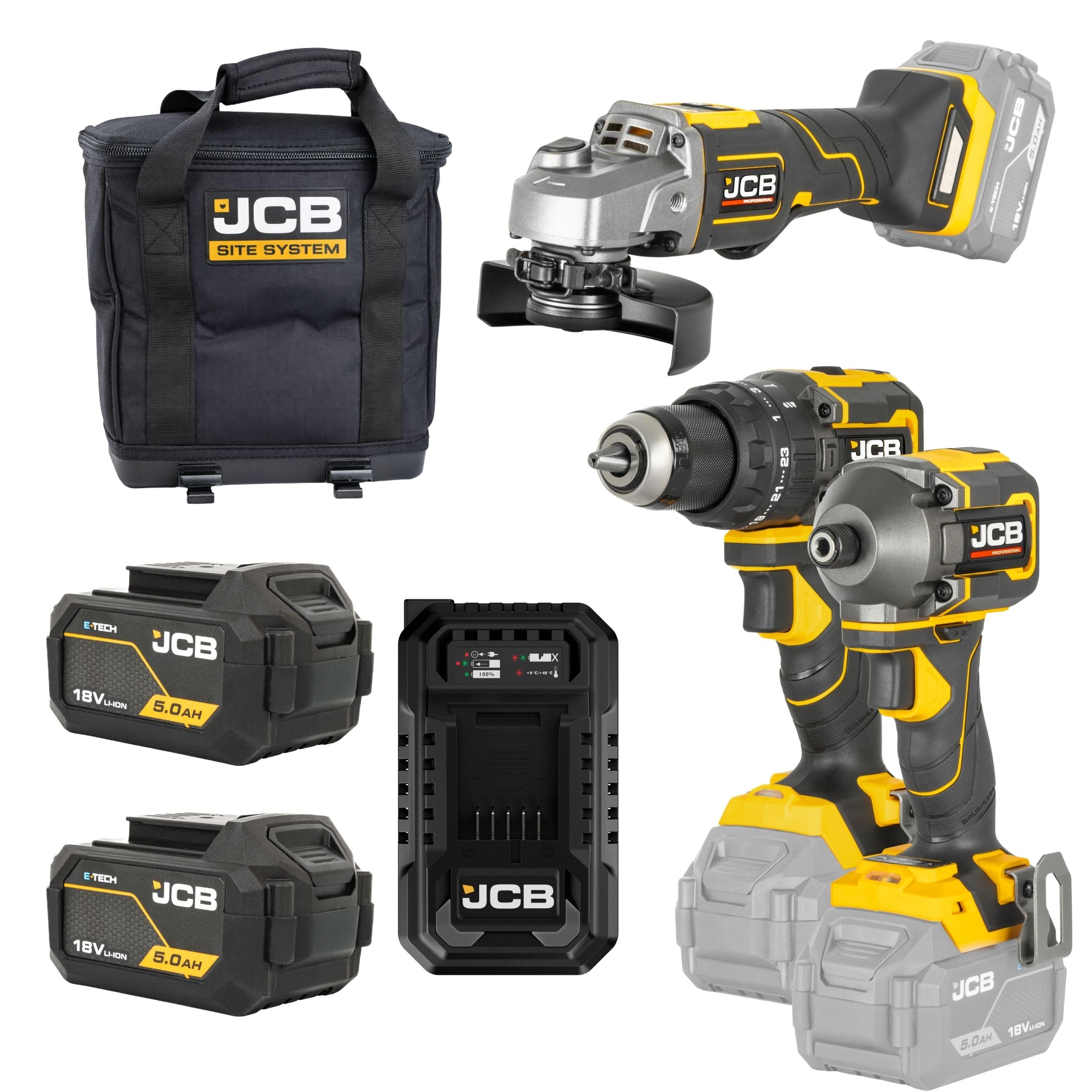 Jcb Light Pro 18V Cordless 3-Piece Tool Kit, 75Nm Combi Drill, 230Nm Impact Driver & 115Mm Angle Grinder, 2X 5.0Ah Batteries, 4.5A Fast Charger, Soft Tool Bag