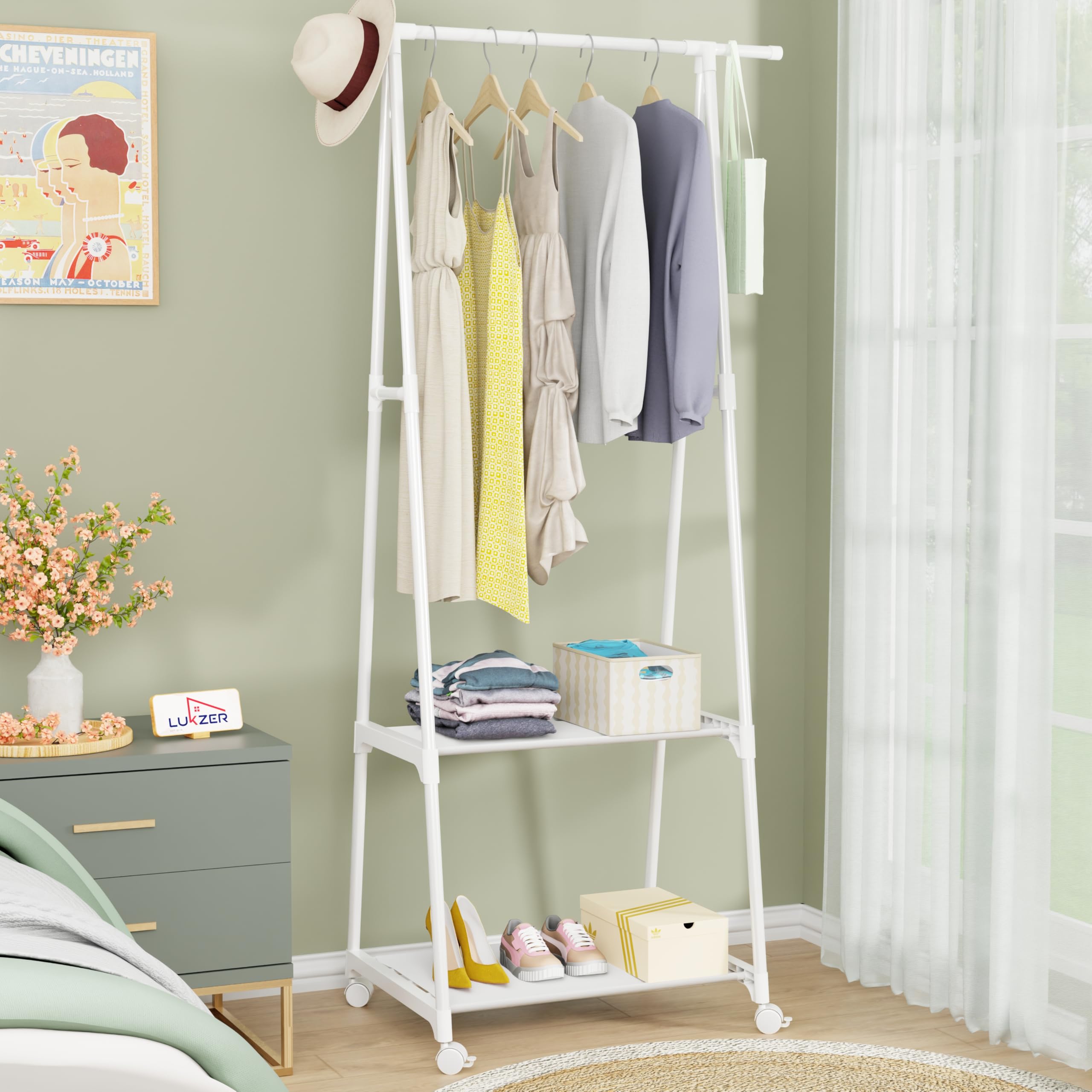 Lukzer A-Shape MGR-010/White Garment Rack | Metal Clothes Hanging Stand with 2 Bottom Shelves, Portable Closet Organizer for Bedroom, Heavy Duty Clothing Storage Rack for Living Room,160x55x42cm