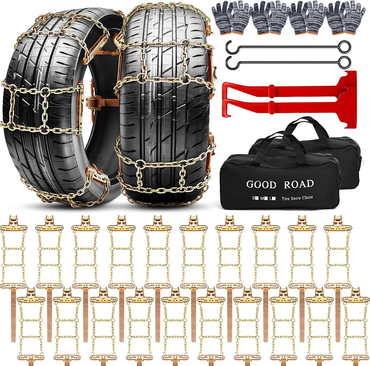 20-Pack for Full Vehicle 4 Tires, Adjustable Snow Chains for Tire Size 215-285mm, Quick Fit Easy Installation, Heavy Duty Non Skid Suv Truck Pickup