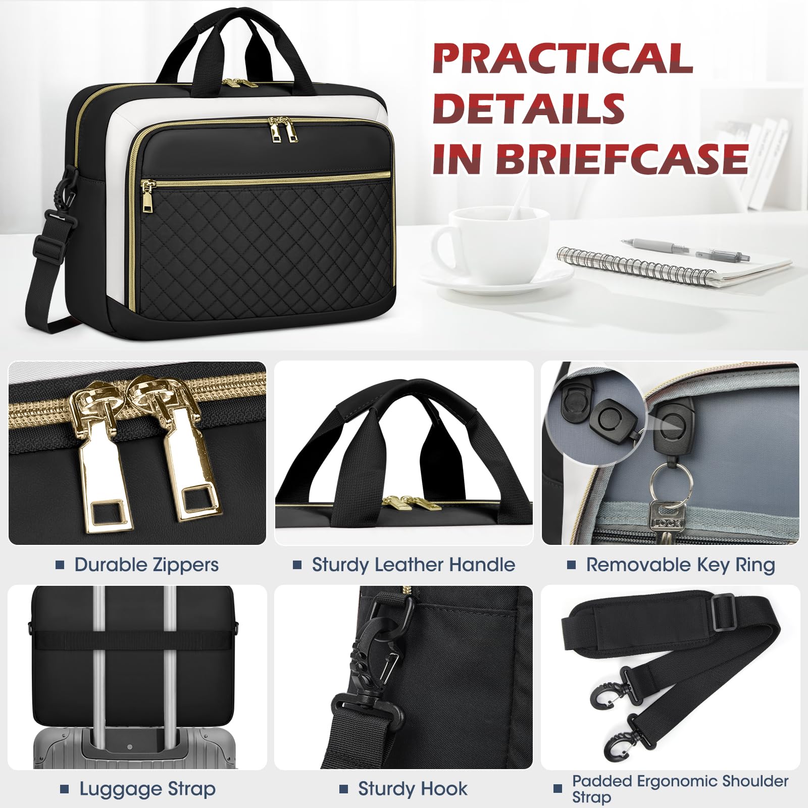 NEWHEY Borsa Porta PC 17.3 Pollici Borsa da Lavoro Donna Impermeabile Borsa Computer Grande Borsa Messenger Valigetta Portadocumenti Tracolla per Ufficio, Università, Scuola,Nero e beige