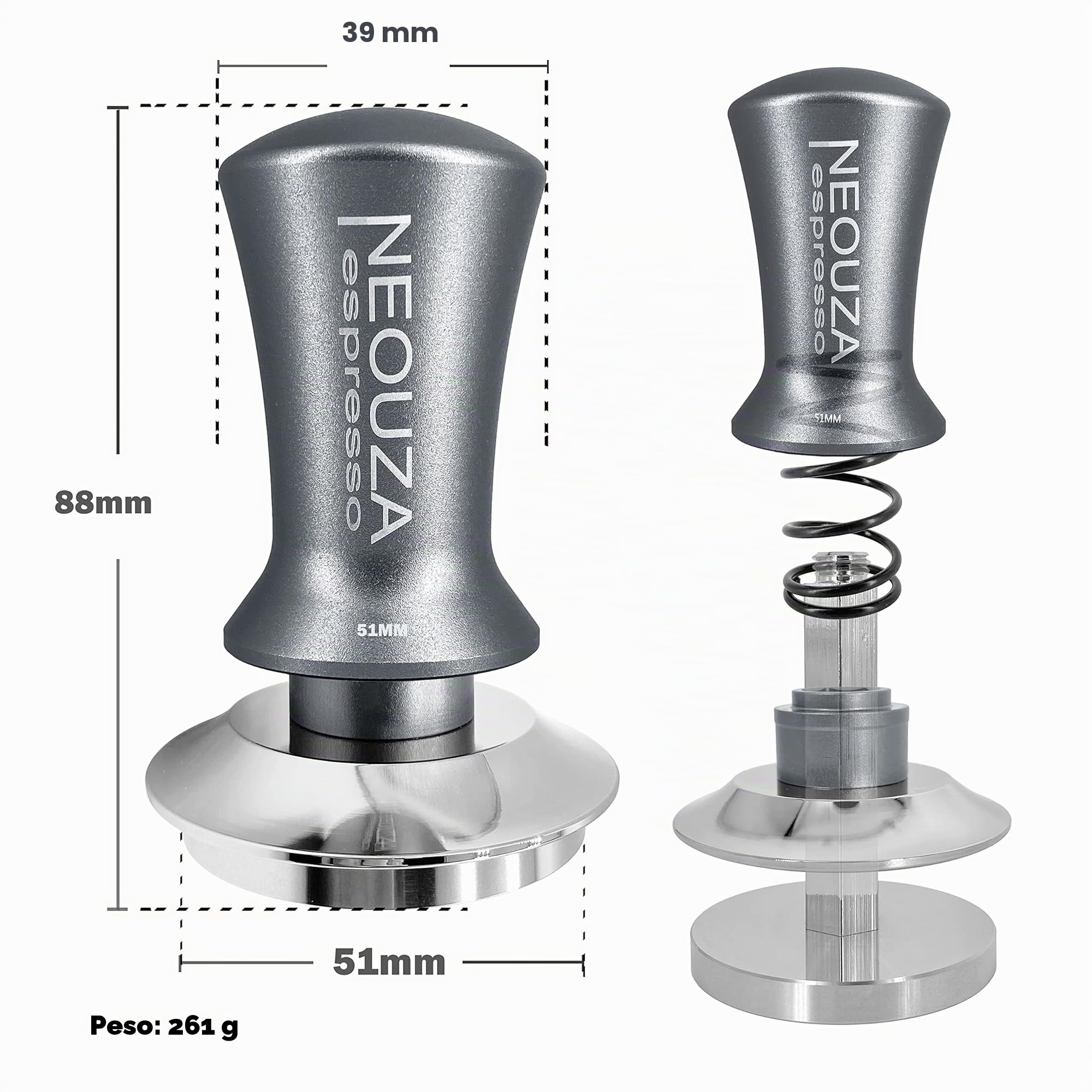 NEOUZA, Pressino per caffè espresso a molla, per macchinetta del caffè, da 51 mm, autolivellante, antiaderente, impugnatura raffinata, base piatta in acciaio inossidabile
