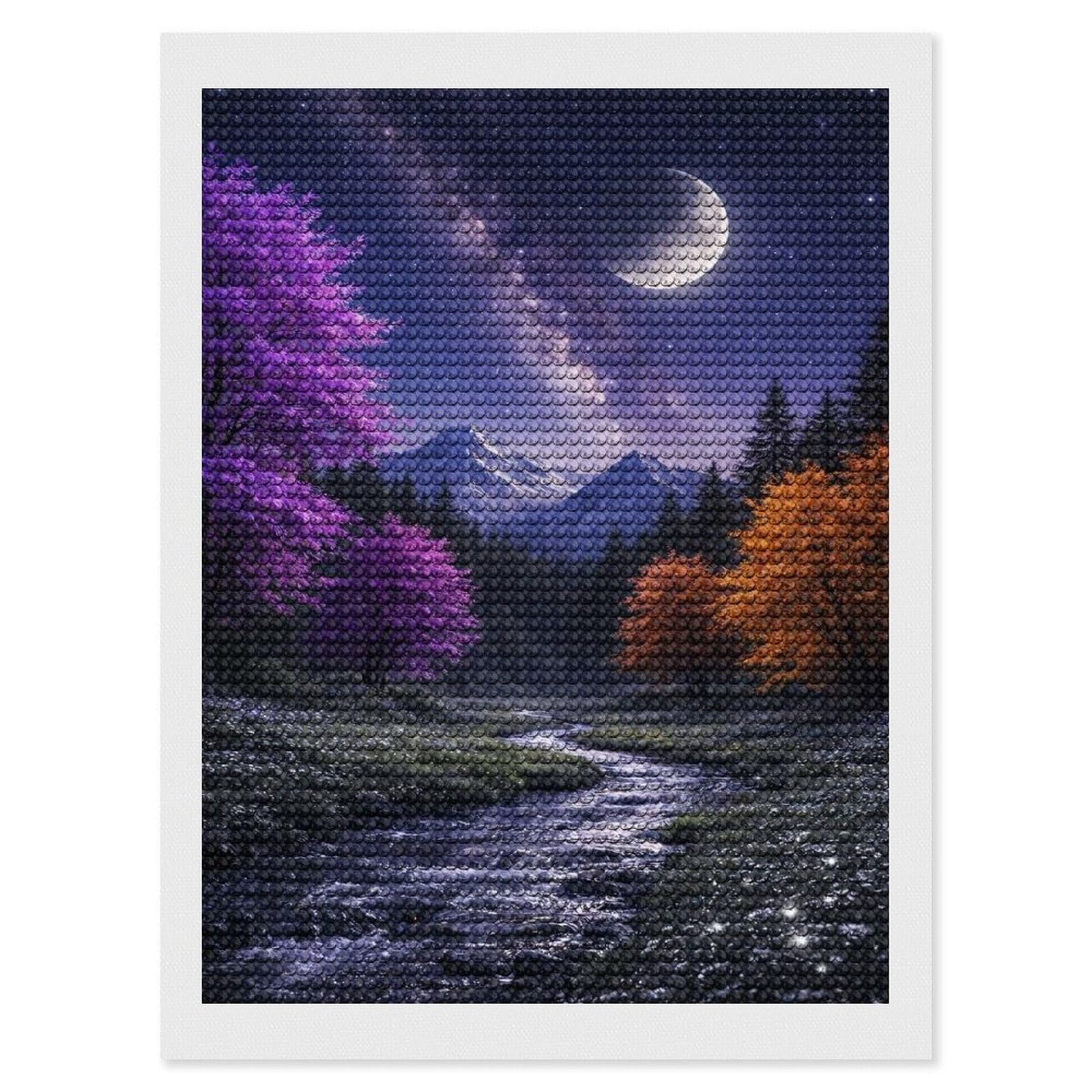Junmoney Enchanting Night Landscape with Starry Night Diamond Painting Canvas Kit 12"x16", Adhesive Canvas, Living Room Decor, Farmhouse Decor, Winter Craft