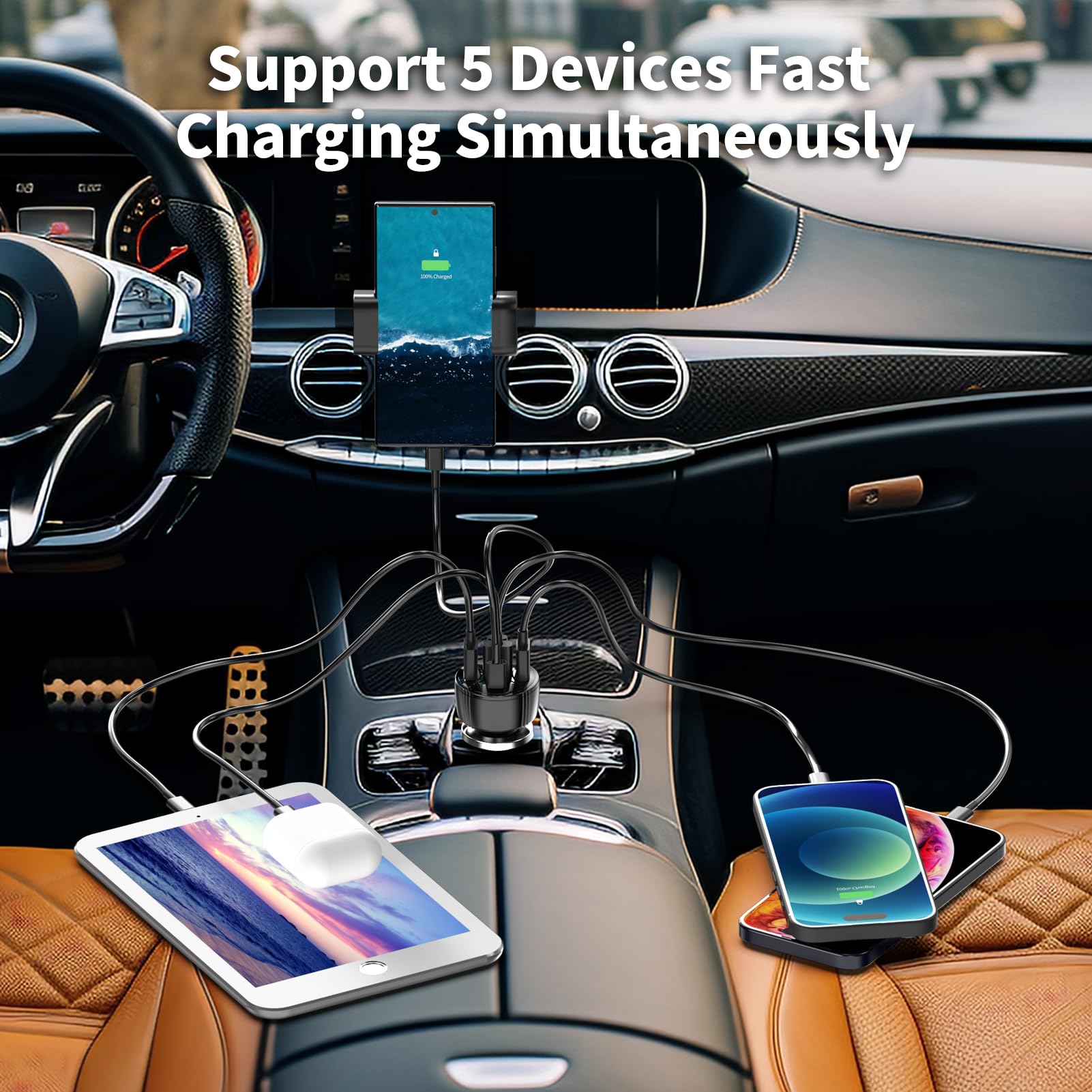 Adaptador de cargador de coche USB C, cargador PD 3.0, 5 USB QC 3.0 de carga rápida para iPhone 17, Galaxy S24 y otros dispositivos USB. (paquete de 2)