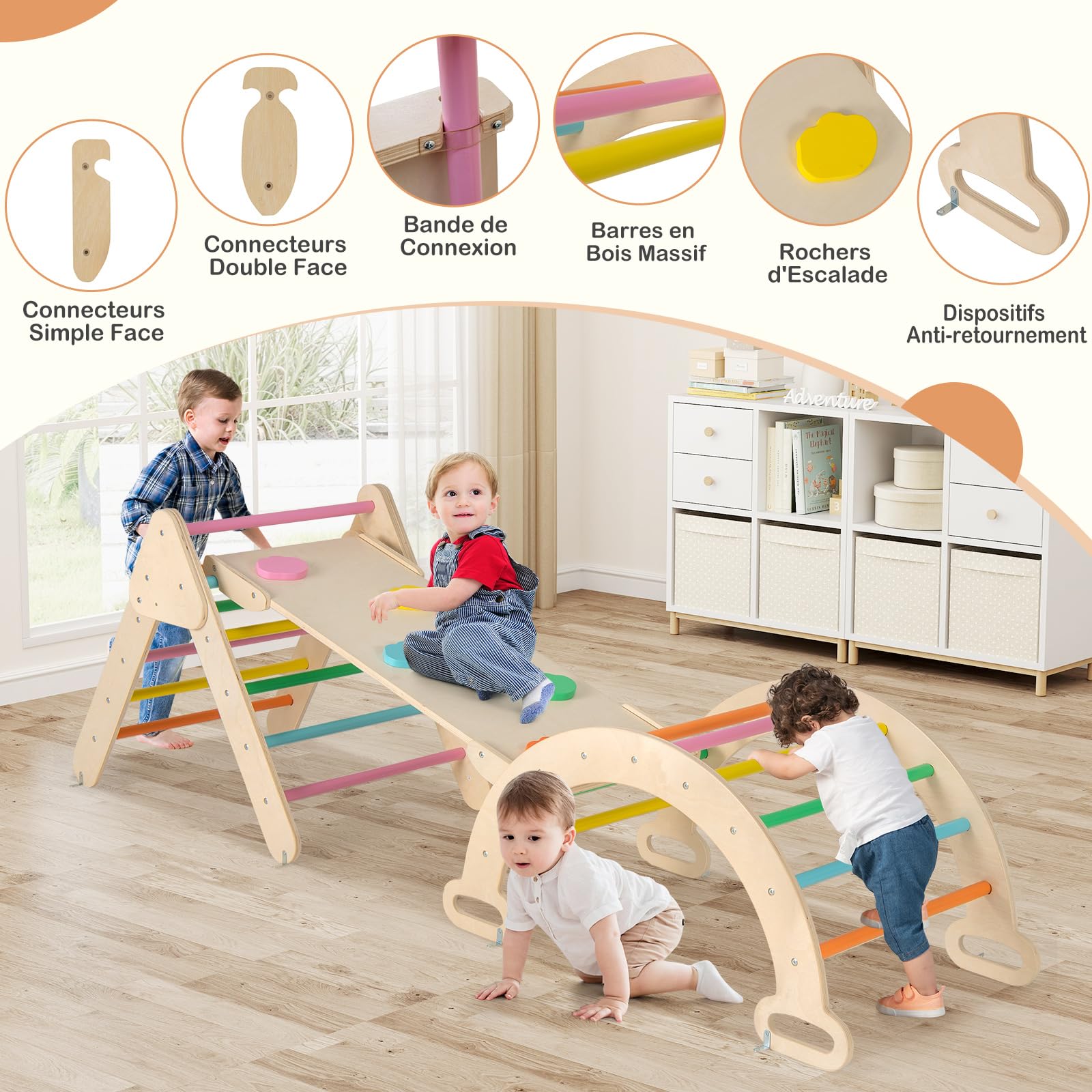 GOPLUS 7 en 1 Triangle Arche Montessori, Arche d'escalade Enfants avec Toboggan Bois,Rampe, Échelle Réglable, Charge 50KG, pour Tout-Petits Bébé 1 Ans+(Multicolore)