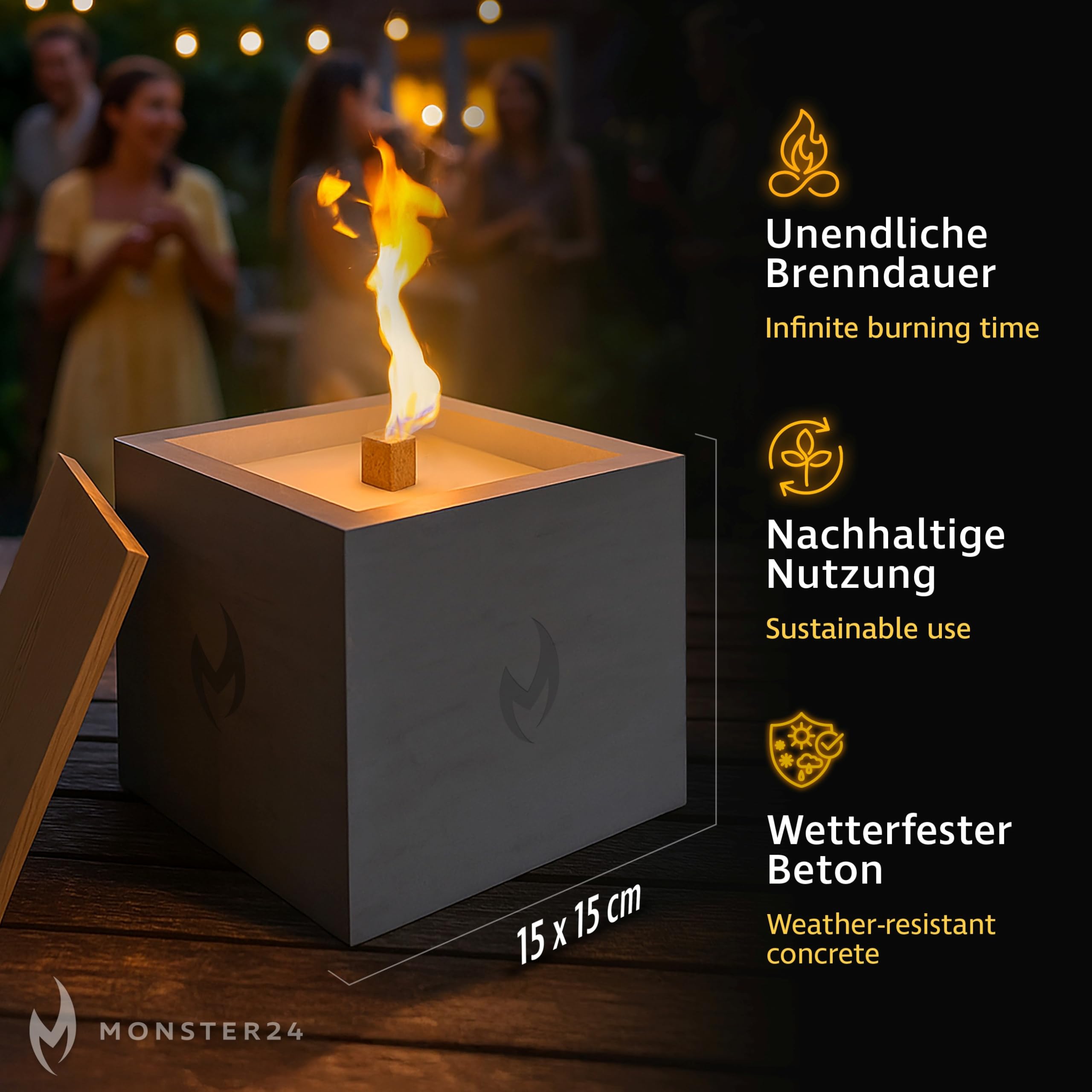 Monster24 Betonkerze Outdoor 15x15x15 cm mit Dauerdocht – Tischfeuer mit Bambusdeckel - Windfestes Gartenlicht, Gartenfackel für Terrasse Balkon - Beton Tischkerze wiederbefüllbar als Outdoor-Deko
