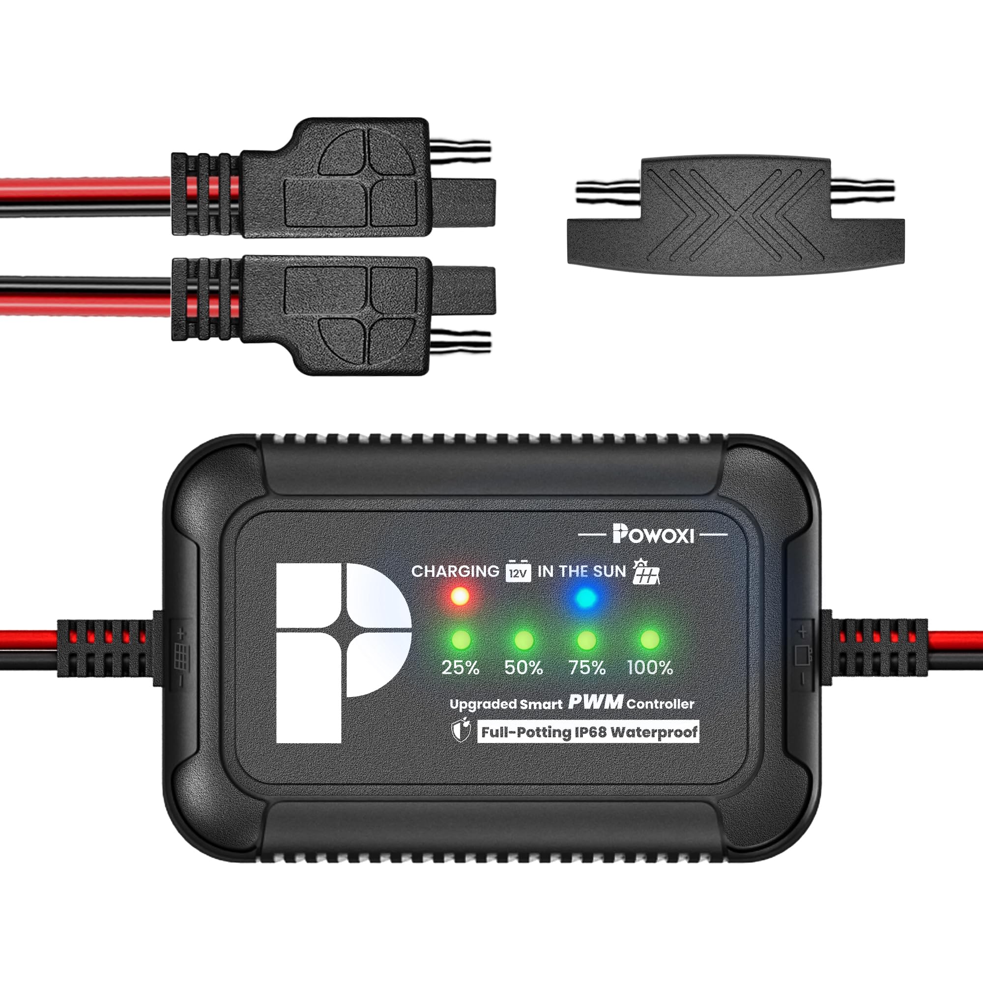POWOXI Upgraded 12V 10amp Solar Charge Controller - IP68 Waterproof PWM Solar Charge Regulator for LiFePO4 AGM Gel Lead-Acid Batteries - Inline Battery Maintainer for RV Boat Car Trailer Truck