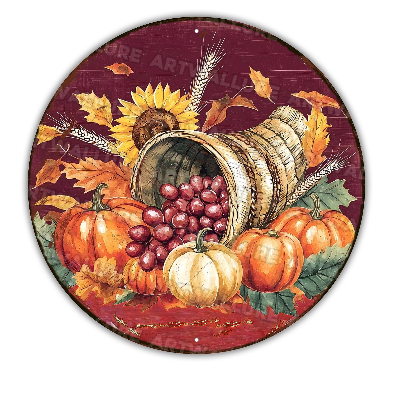 Round Fall Pumpkins Wreath Sign Thanksgiving Pumpkin Cornucopia Metal Tin Sign for Home Livingroom Coffee Bar Farmhouse Idyllic Wall Art Decor Gift 12x12inch