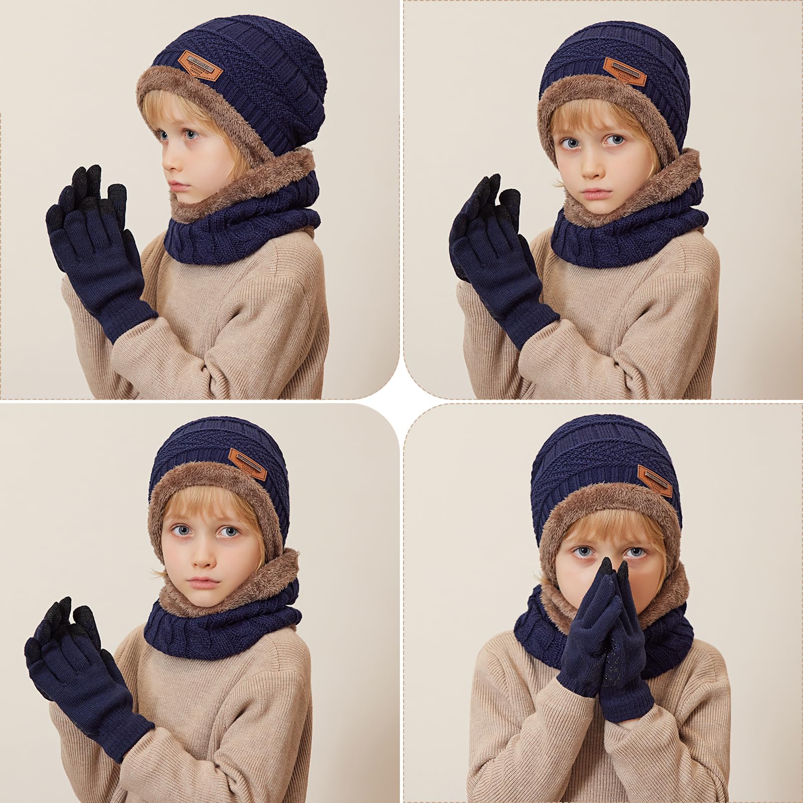 Conjunto de Gorro, Bufanda y Guantes para Niños de 3PCs, Gorro de Punto con Forro Polar Cálido Calentador de Cuello Térmico con Guantes de Pantalla Táctil Esenciales de Invierno Para Niños