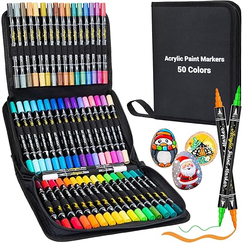 50 Colors Dual Tip Acrylic Paint Pens Paint Markers with Carrying Case, Acrylic Markers for Rock Painting, Wood, Glass, Plastic, Fabric, Ceramic, Painting Kit for Adults and Kids Crafts Supplies