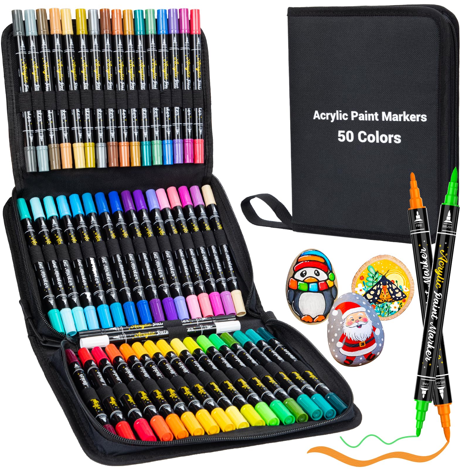 APOGO Acrylic Paint Pens - 50 Colours Dual Tip Acrylic Markers, Fine & Brush Tip Paint Markers, Water Based Paint Pens for Colouring Rock Painting Stone Wood Glass Ceramic Plastic Fabric Canvas