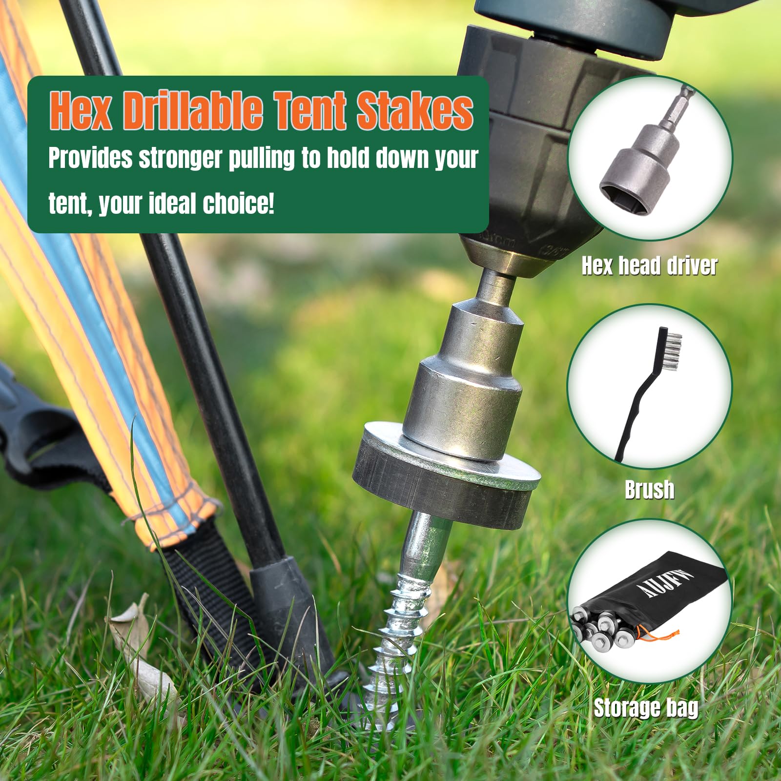 15 Sechskant-Zeltheringe Aus Edelstahl – 30,5 Cm, Bohrbar, Für Camping, Markisen & Garten, Inkl. Werkzeug & Tasche