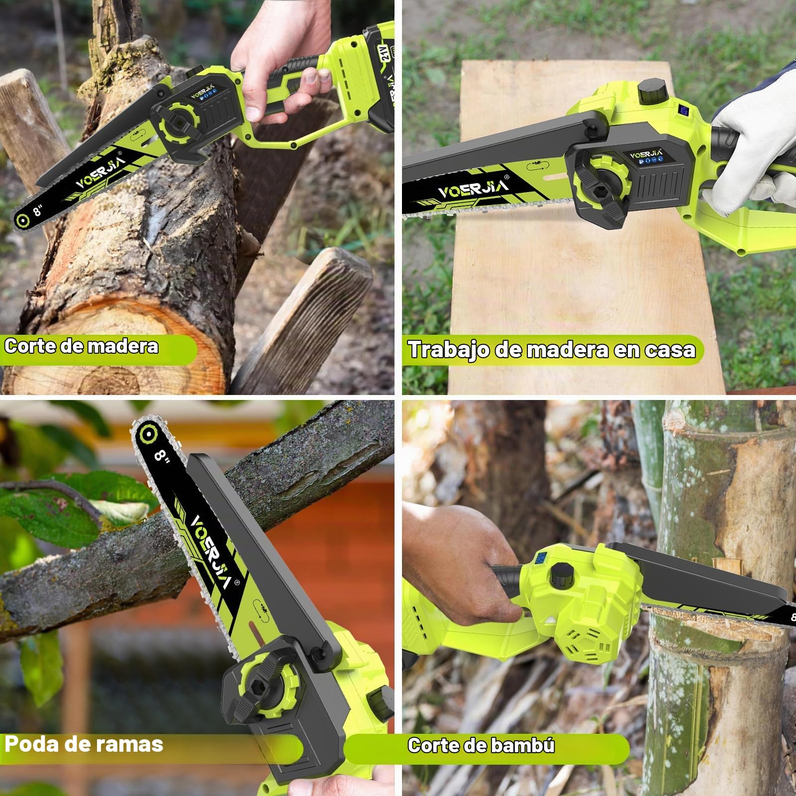 VOERJIA Akku Kettensäge 21V, Mini Kettensäge 6 & 8 Zoll mit automatischer Kettenschmierung, 2x 4.0Ah Akku, bürstenloser Motor, Handkettensäge für Baumschnitt, Garten & Holzarbeiten