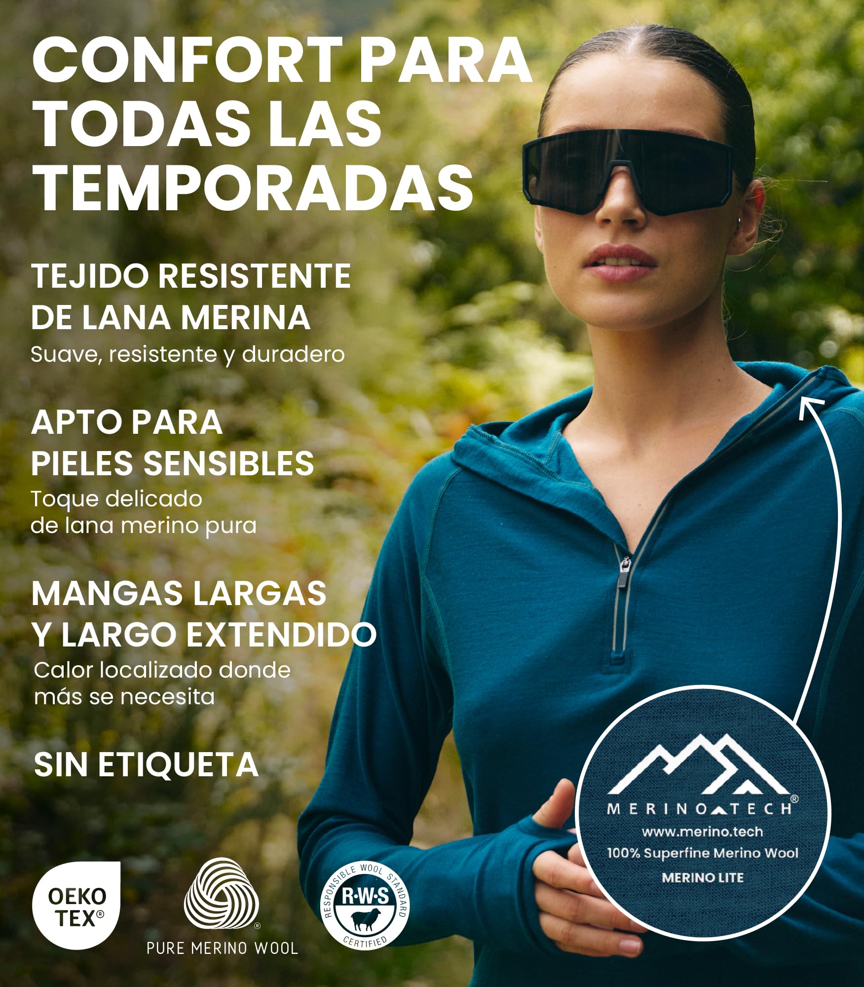Merino.tech Sudadera Mujer Capucha- 100%Lana Merino + Calcetines | Cuello alto, para montaña. Capa media cálida, no pica, antiolores, transpirable