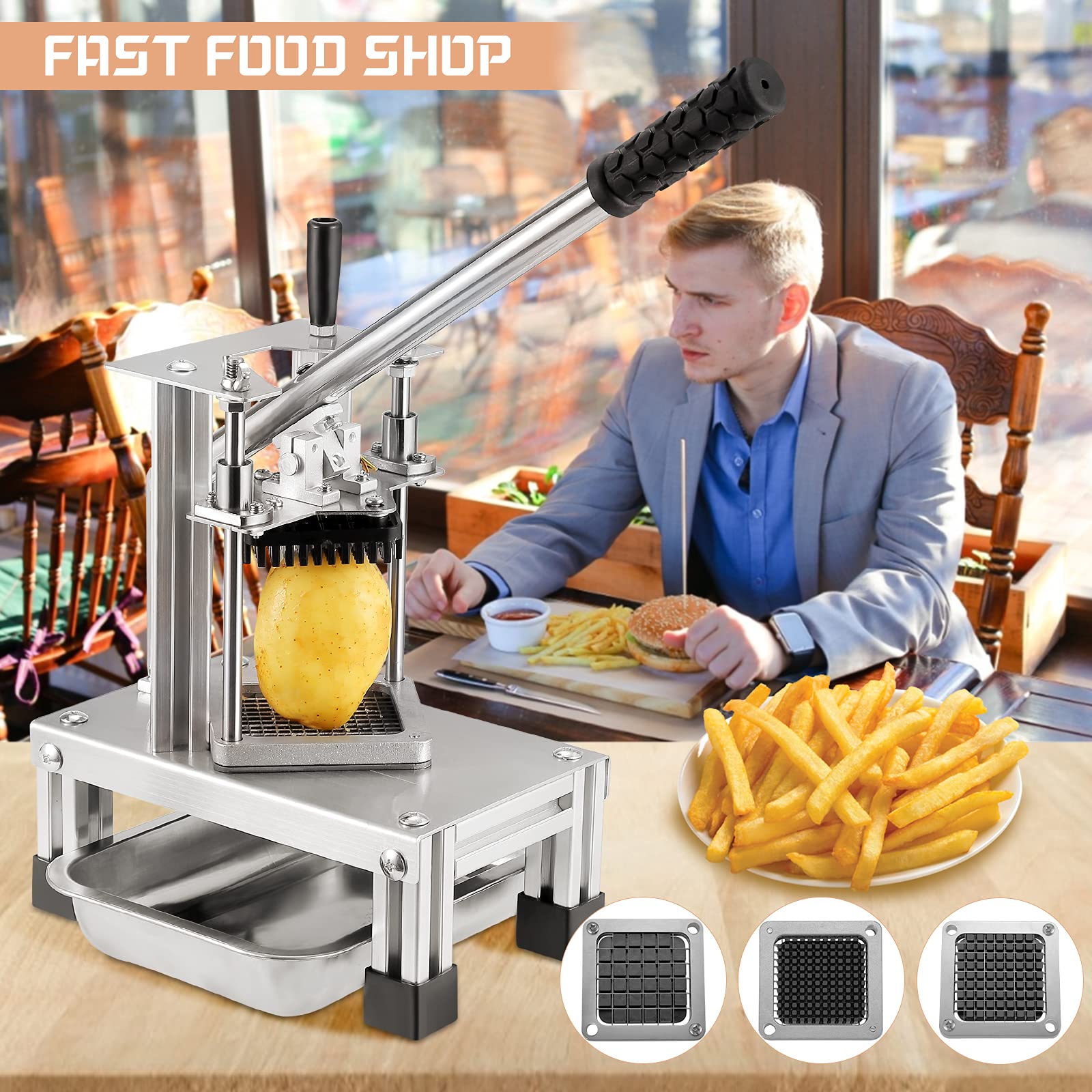 Comercial French Fry Cutter con 3 cuchillas de repuesto, 1/2'',1/4" y 3/8" Cuchilla simple cortador de dados de limón patatas para patatas fritas con mango extendido