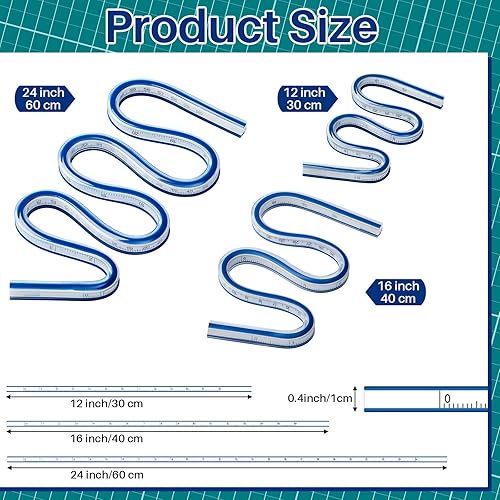 Miniatura 2 de 3 reglas de curva flexibles de 12, 16, 24 pulgadas, reglas flexibles para dibujar, regla curva para coser, cinta métrica flexible de curva ideal