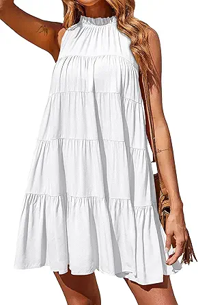 Okiwam Womens Summer Halter Dresses Sleeveless A Line Tiered Swing Mini 2025 Fall Casual Boho Beach Vacation Sundress
