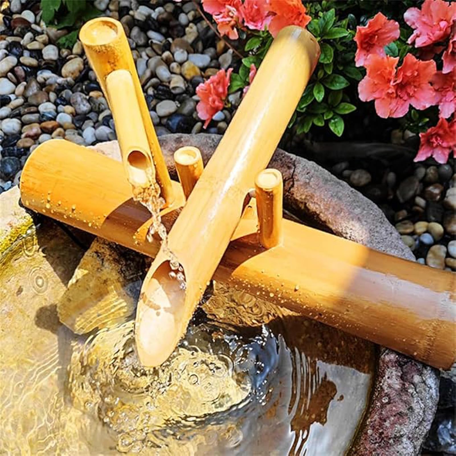 Fontana solare in bambù con pompa, elemento d'acqua Zen Feng Shui, ornamento d'acqua autoportante in bambù, fontana decorativa da giardino con getto a circolazione, cascata esterna per laghetto, corti