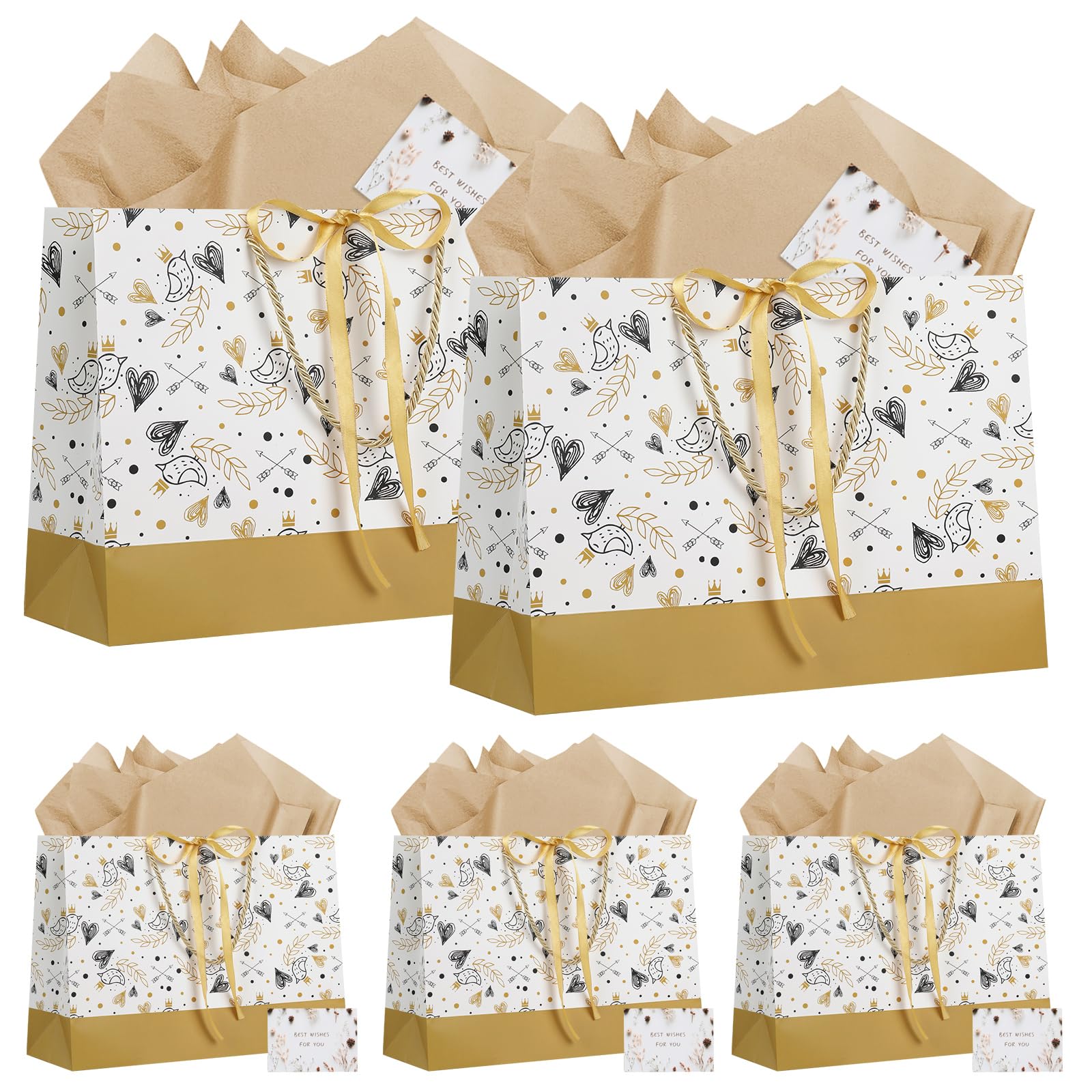 LVNRIDS 5 Piece Gift Bag Large with Handle, 32x11x25cm Gift Bags with ribbons 5 Greeting Cards 5 Tissue Paper, Gift Bags for Wedding Birthday Party Christmas Thanksgiving Presents