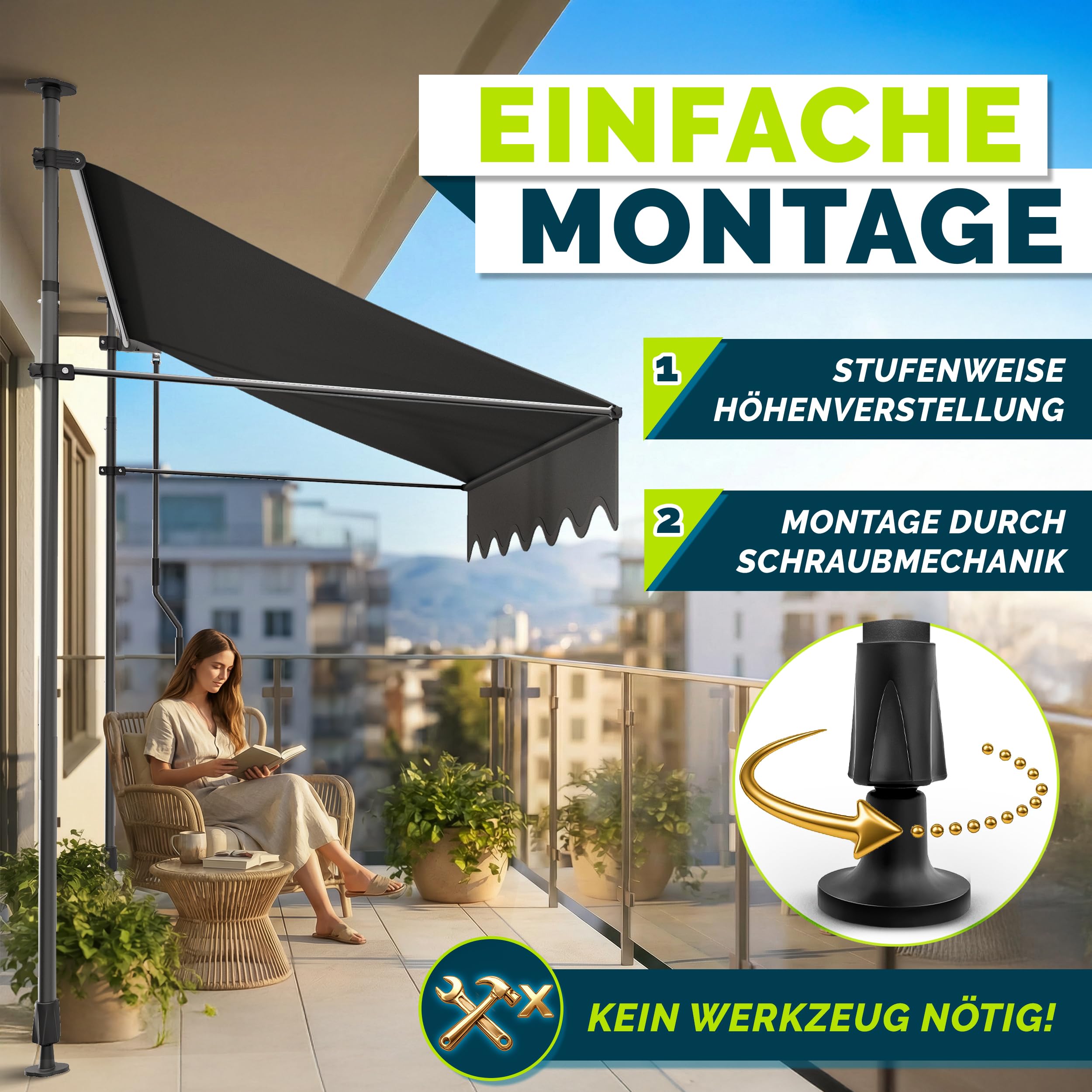 tillvex Klemmmarkise mit Handkurbel Balkon | Balkonmarkise ohne Bohren | Markise UV-beständig & h... Ansicht 3