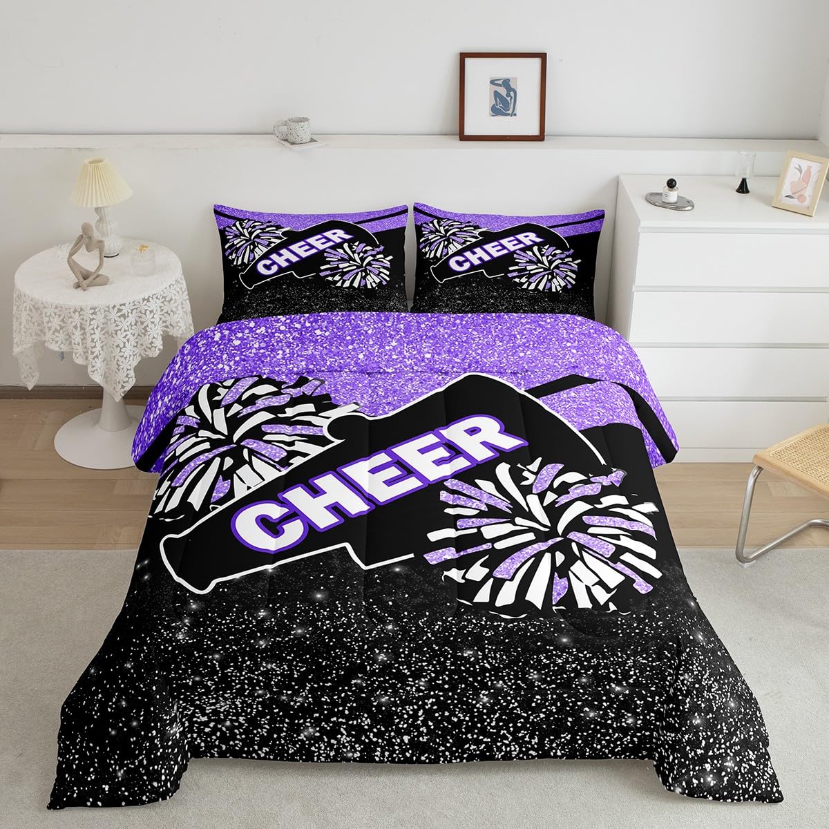 Feelyou Purple Glitter Cheer Comforter Set Dreamy Girly Gymnastic Sports Comforter for Kids Boys Girls Gymnastics Lovers Bedding Set Cheer Sports Glitter Duvet Set Room Decor Quilt Queen Size Boys