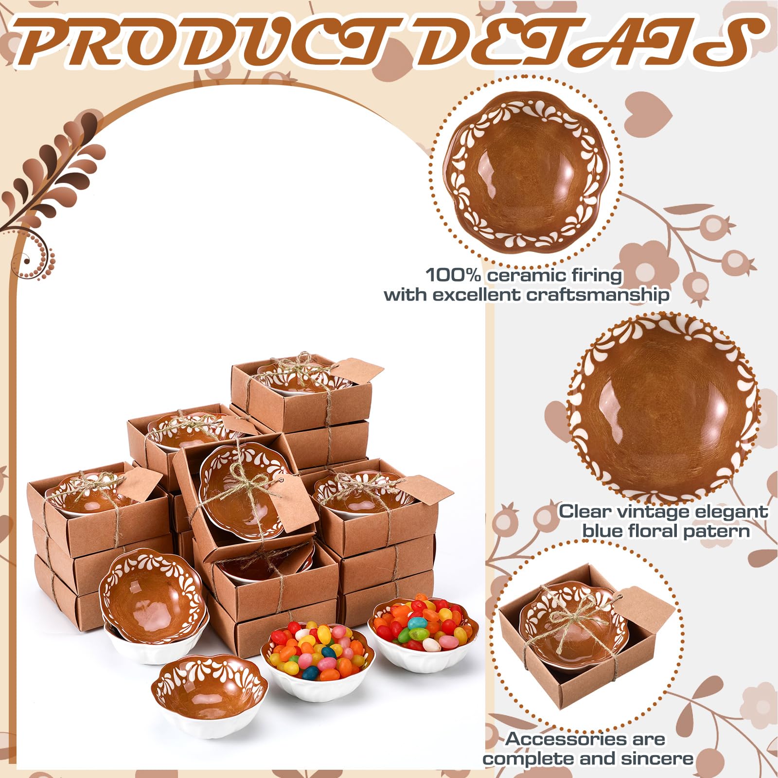 SiliFine 12 Pcs Ceramic Pinch Bowl 3.3 Inch Cielito Lindo Party Favors for Guests Small Mexicanos Ceramic Dipping Bowls Bulk Gifts with Cards for Party Shower Favor (Floar,Brown)