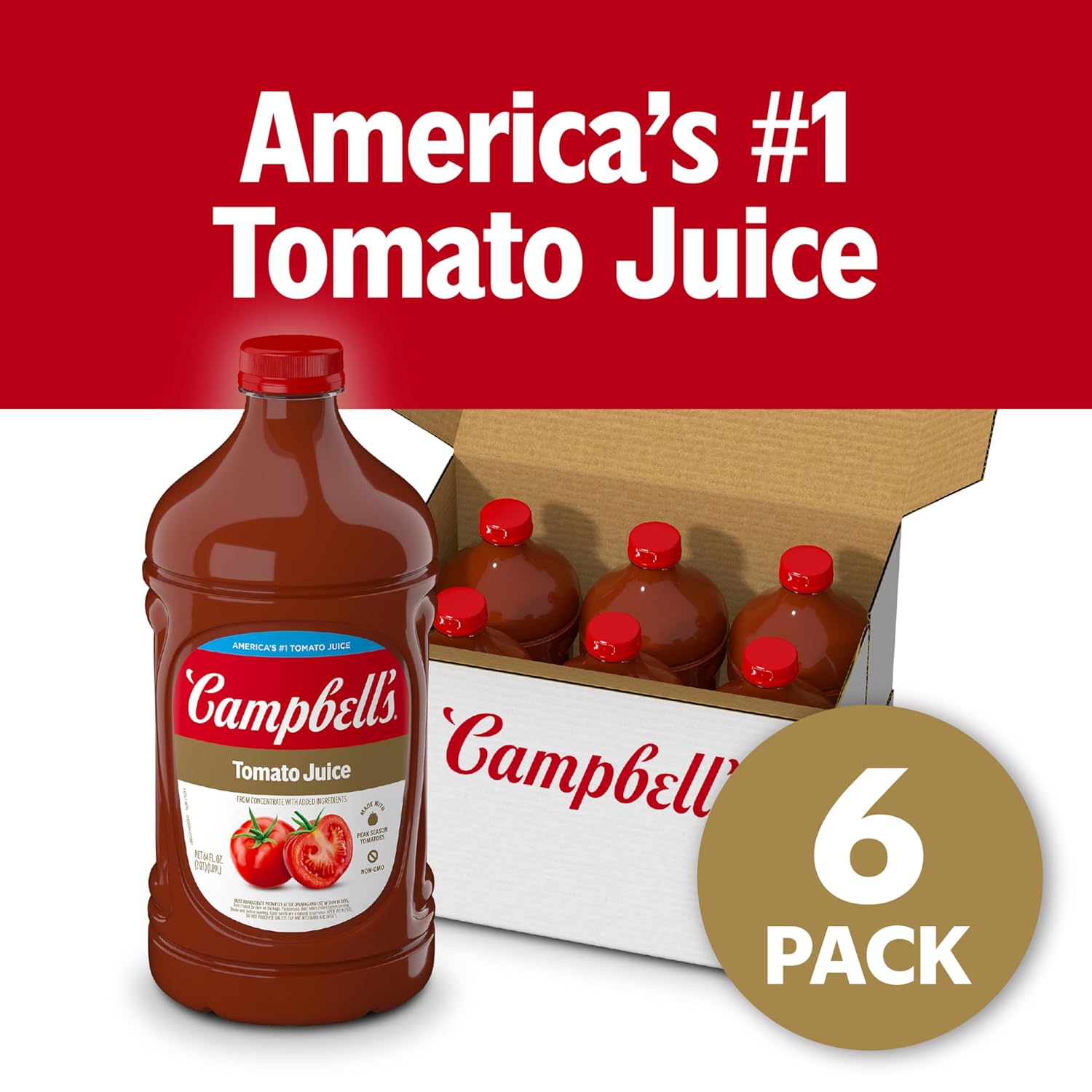 Campbell's 100% Tomato Juice, 64 fl oz Bottle (6 Pack)