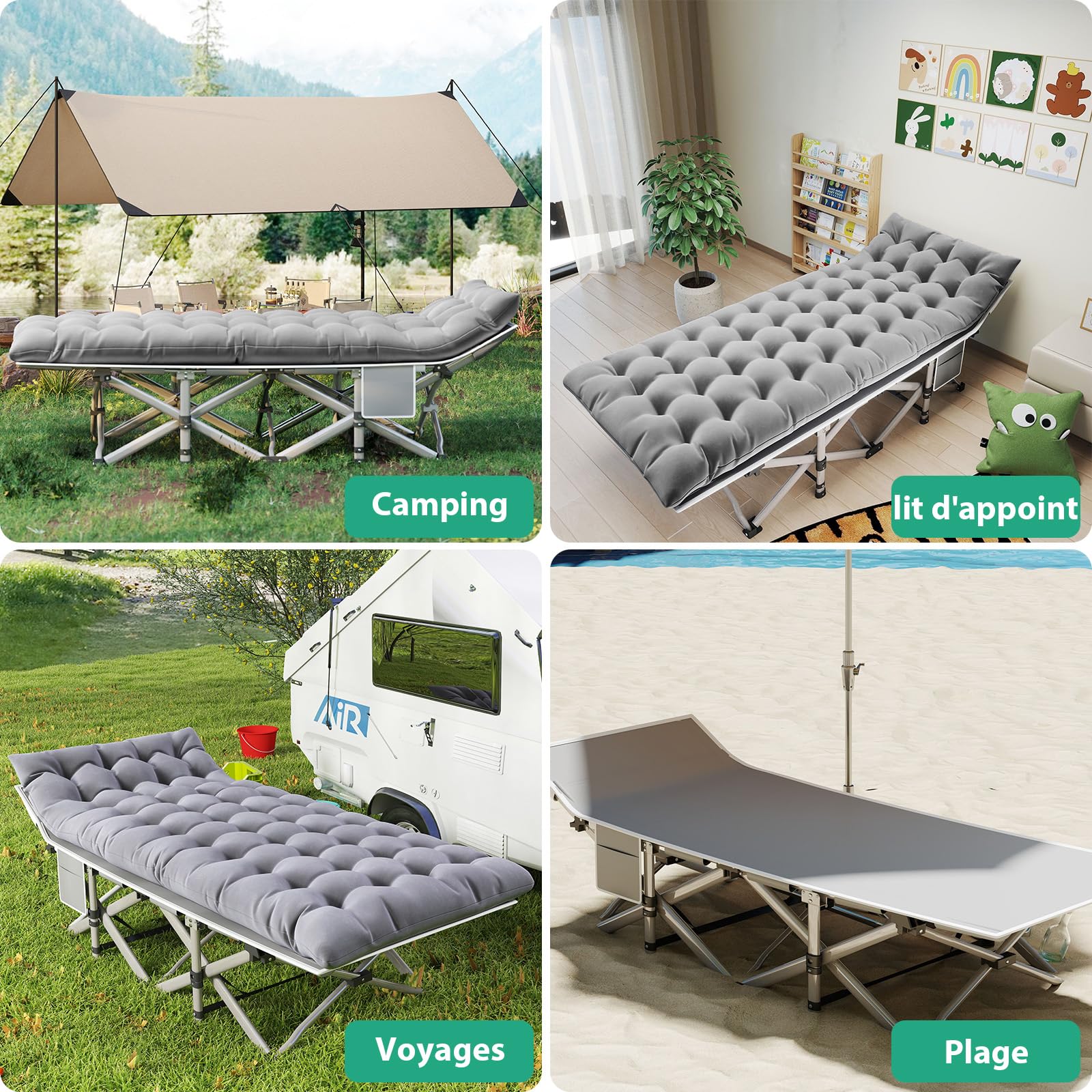 XL Lit de Camping Pliable Robuste pour Adultes, Charge Jusqu'à 208 kg, Lit Pliant 1 Personne pour Camping/Bureau/Voyage/extérieur Inclut Sacoche Matelas, Gris