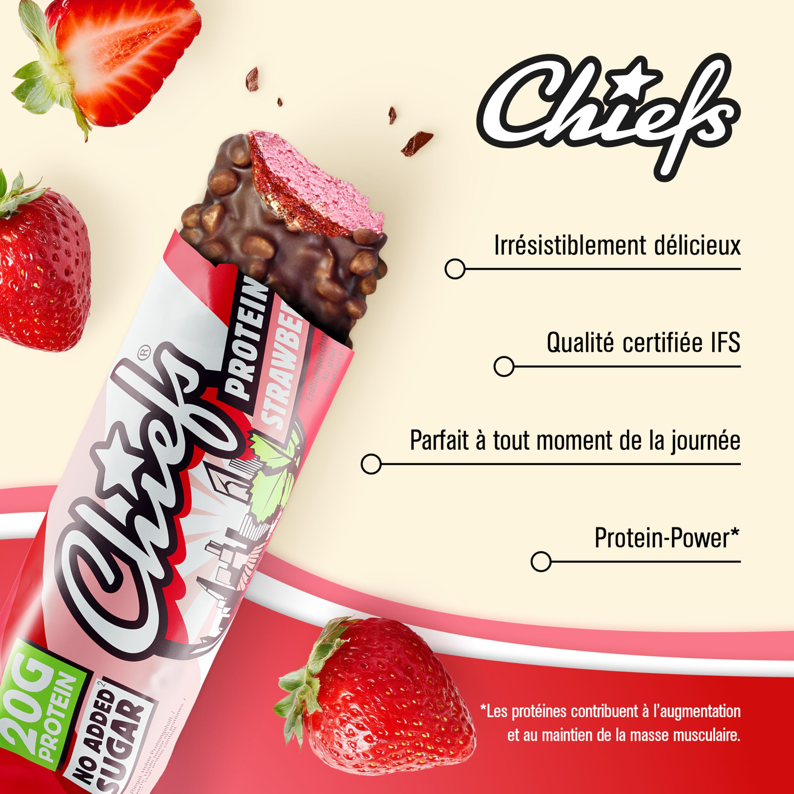 Chiefs Protein Bar (Strawberry) • Barre protéinée premium avec 20g de protéines & 209 kcal par barre • Sans sucre ajouté • Barre protéinée low sugar • Goût de Strawberry • Pack de 12 (12 x 55g)