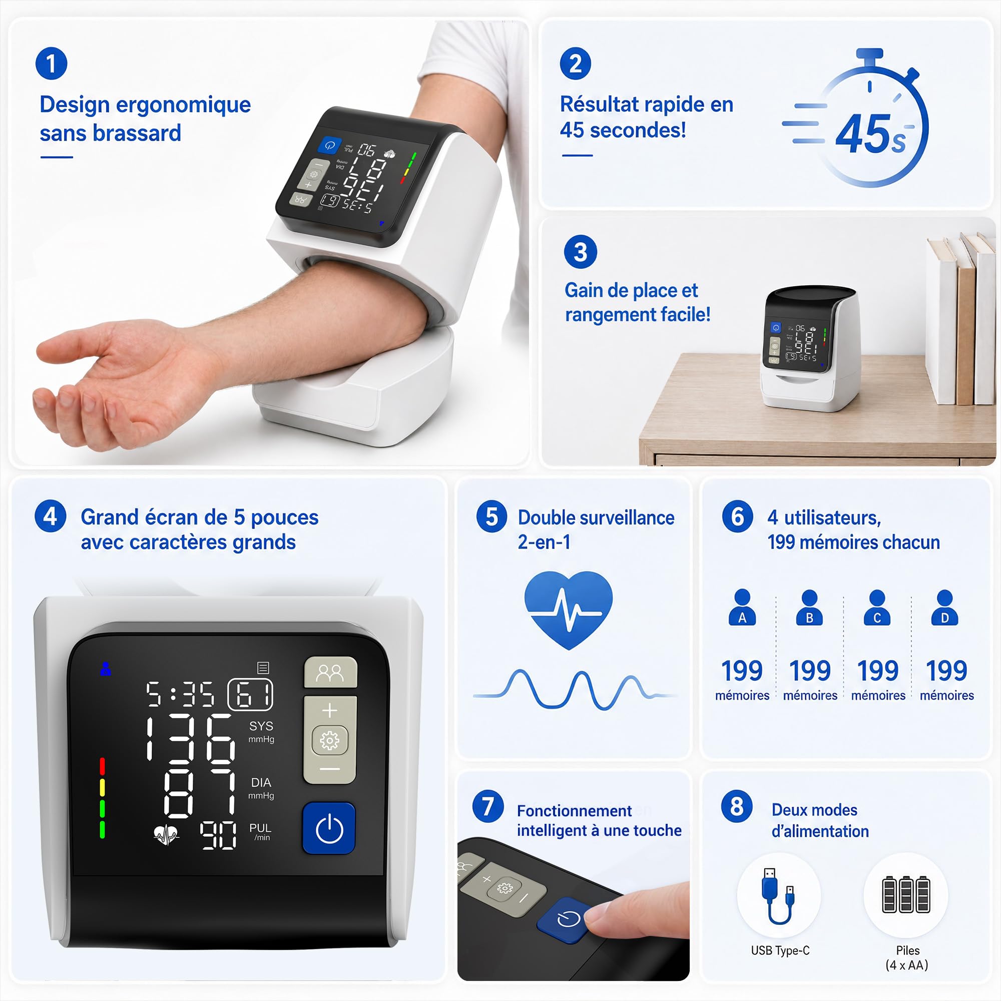 Tensiómetro Automático de Brazo, Pantalla LED Retroiluminada, 4 Usuarios 199 Memorias, Detección de Arritmia, Funciona con USB-C o Pilas, Tensiómetro Portátil para Uso Doméstico y Viajes