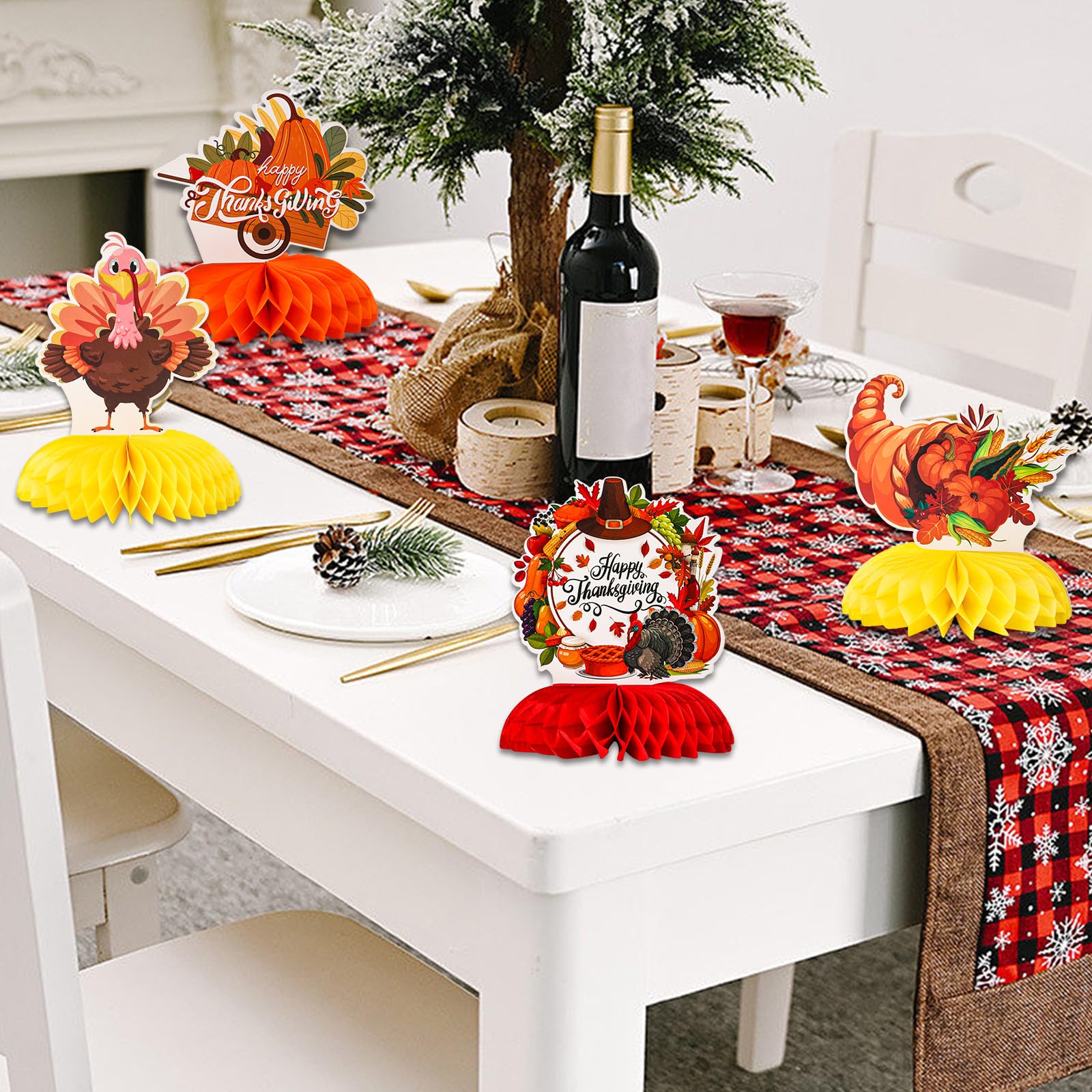 Thanksgiving Honeycomb Table Centerpieces - 9 Piece Set With Turkeys, Pumpkins, Fall Leaves, 3D Stand-Up Decor