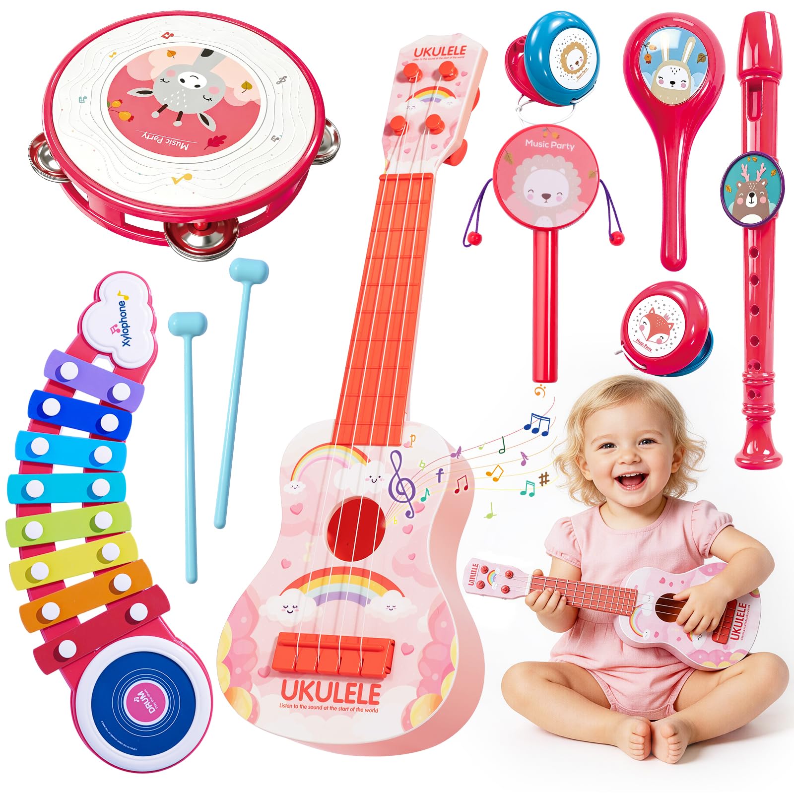 Musikinstrumente für Kinder, 8-in-1 Montessori Spielzeug mit Ukulele