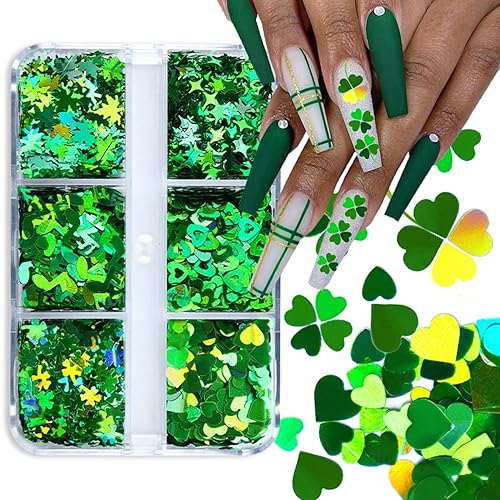 Calcomanías holográficas de trébol verde con lentejuelas para el día de San Patricio, diseño de hoja de corazón, lentejuelas, confeti, copos de uñas