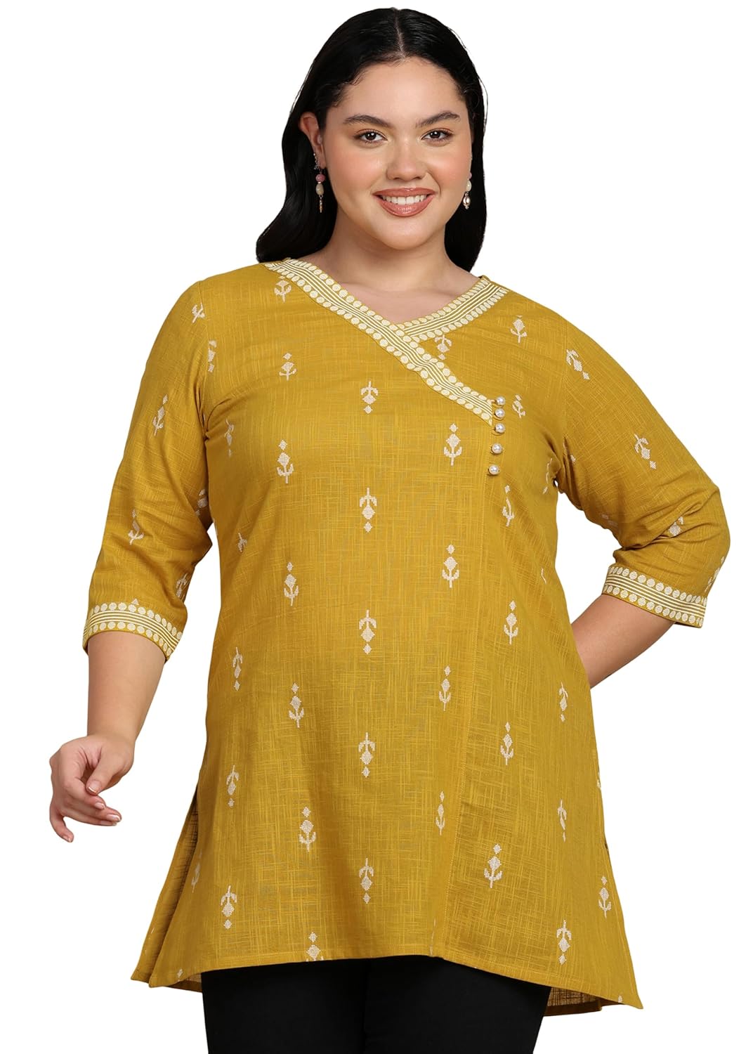 Yash Gallery Women’s Yellow Cambric Cotton Printed Straight Short Kurti
