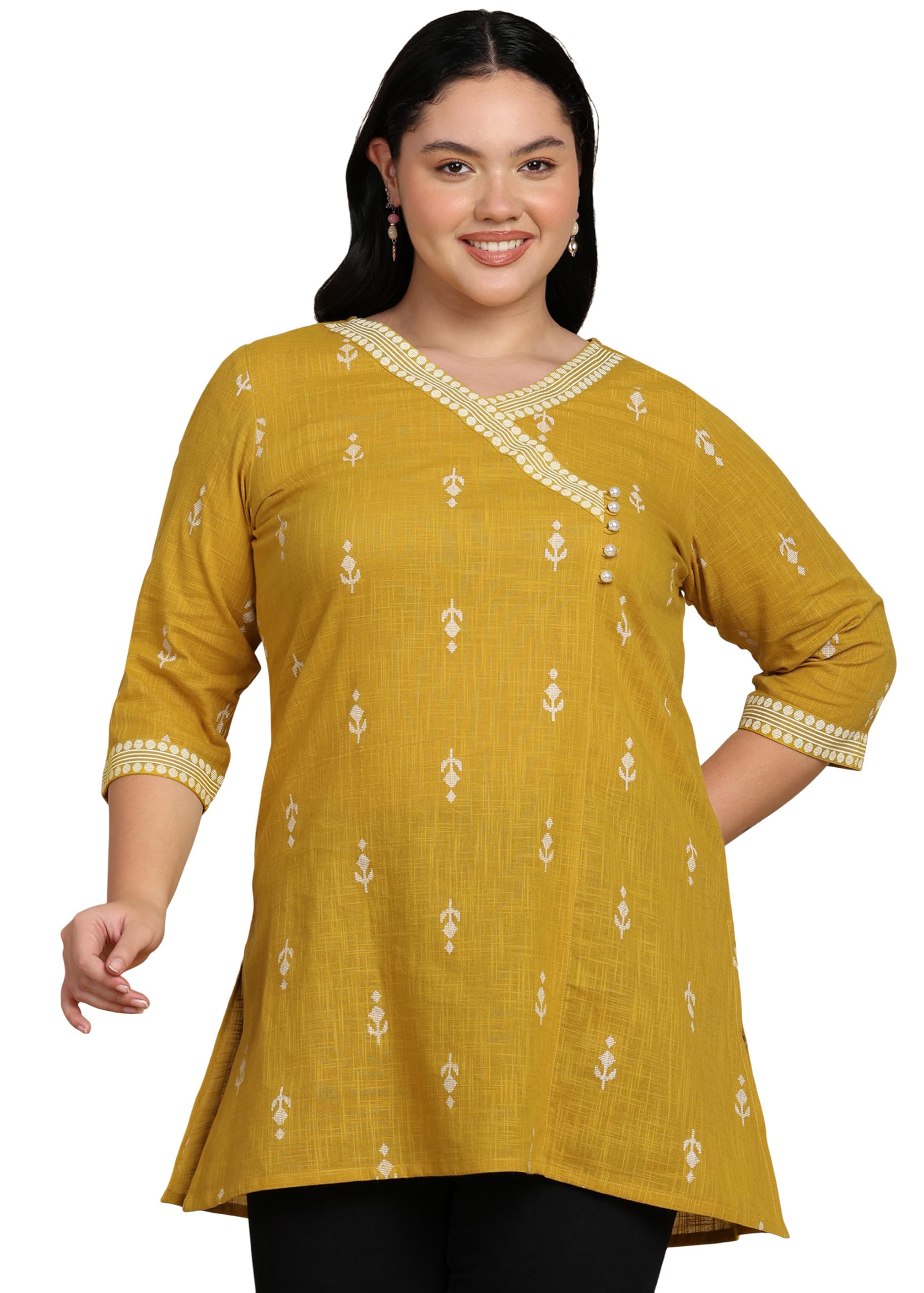 Yash Gallery Women’s Yellow Cambric Cotton Printed Straight Short Kurti