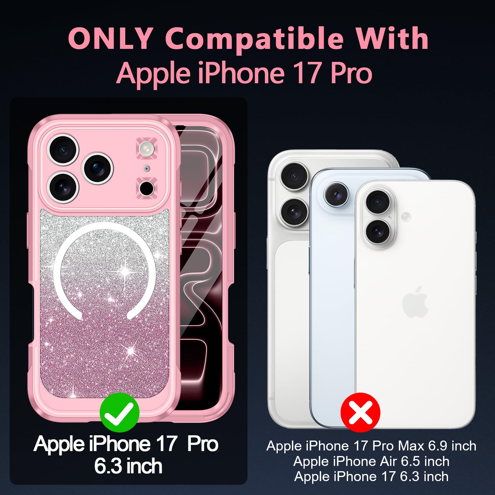 Casetego Custodia magnetica per iPhone 17 Pro, compatibile con MagSafe, protezione per lo schermo privacy integrata, sottile, glitterata, antiurto, custodia protettiva per iPhone 17 Pro, colore rosa