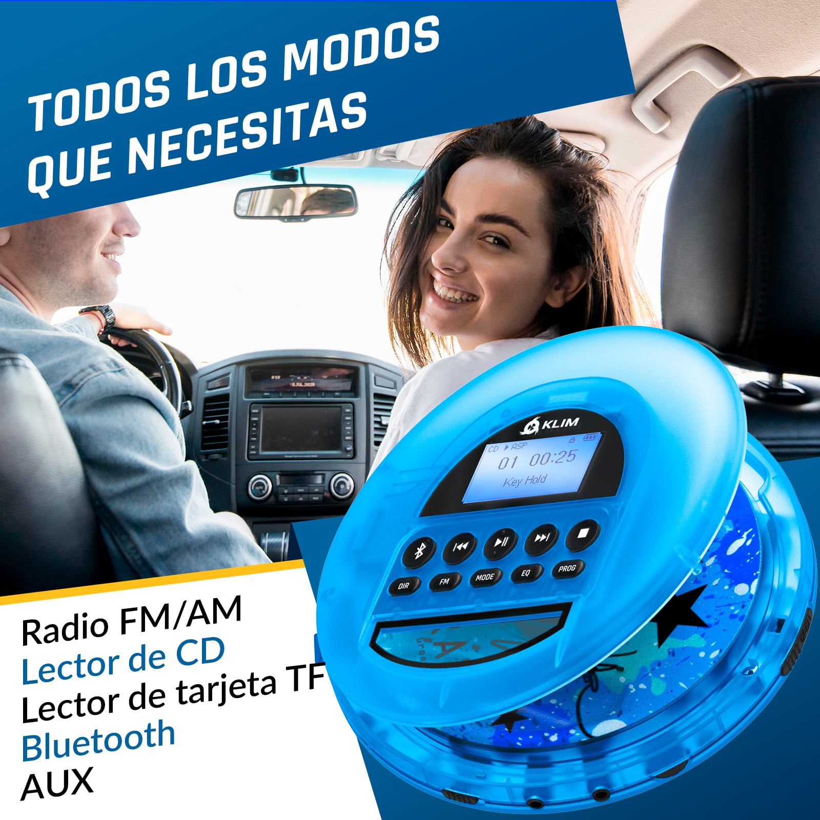 KLIM Nomad Transparent Azul - Reproductor CD portatil - batería Interna de Larga duración - Incluye Auriculares KLIM Fusion - CD Player Mini Compacto, Personal, CD-R, CD-RW y MP3 [Nuevo]